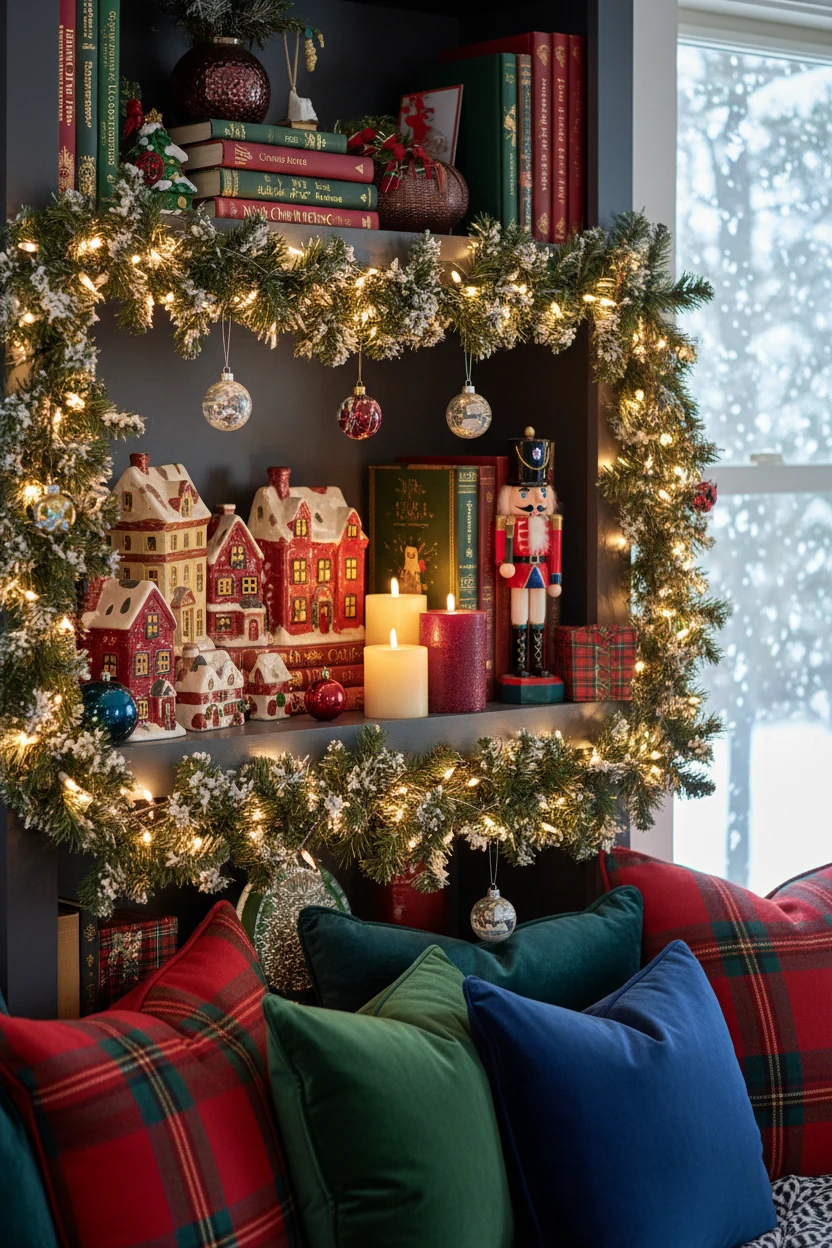 Closeup view of a festive bookshelf holiday nook at eye level, with a faux evergreen garland lining the shelf edges, fai