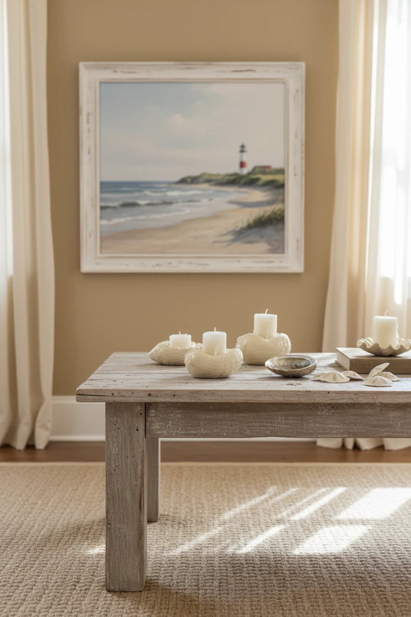 Closeup detail of a coastal-inspired coffee table with weathered bleached wood top, seashell-shaped ceramic candle holde