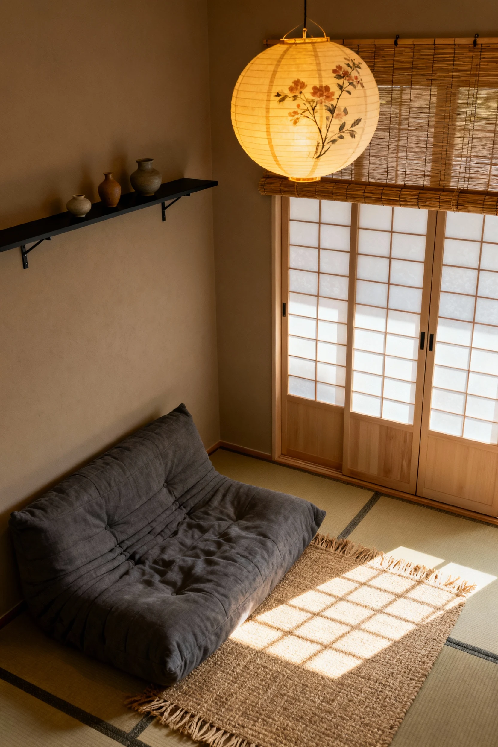 Photorealistic overhead detail shot: floor-hugging futon sofa on a tatami-style rug against greige walls, thin black met
