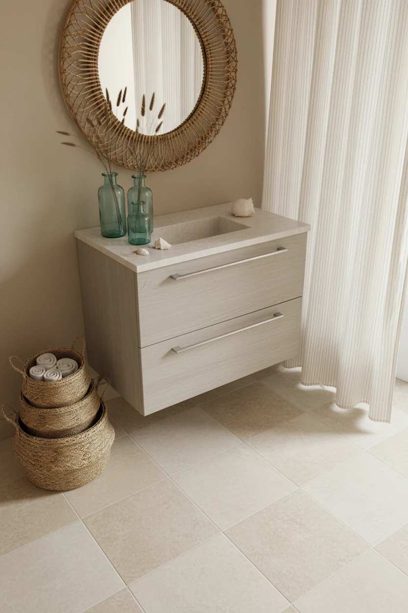 Overhead detail shot of a coastal minimalist bathroom corner with pale stone tile flooring, woven baskets for storage, l