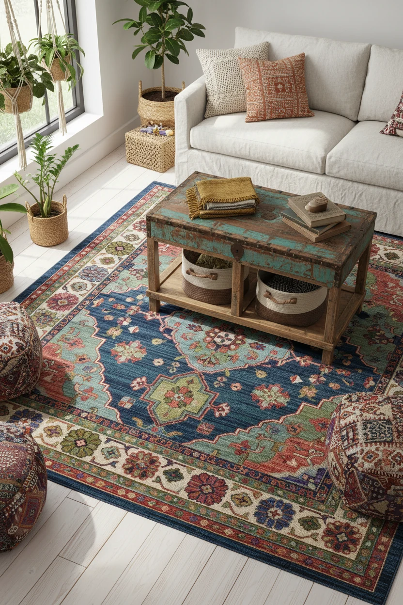 Overhead detail shot of a bright bohemian living space focused on a bold patterned rug in jewel tones with earthy neutra