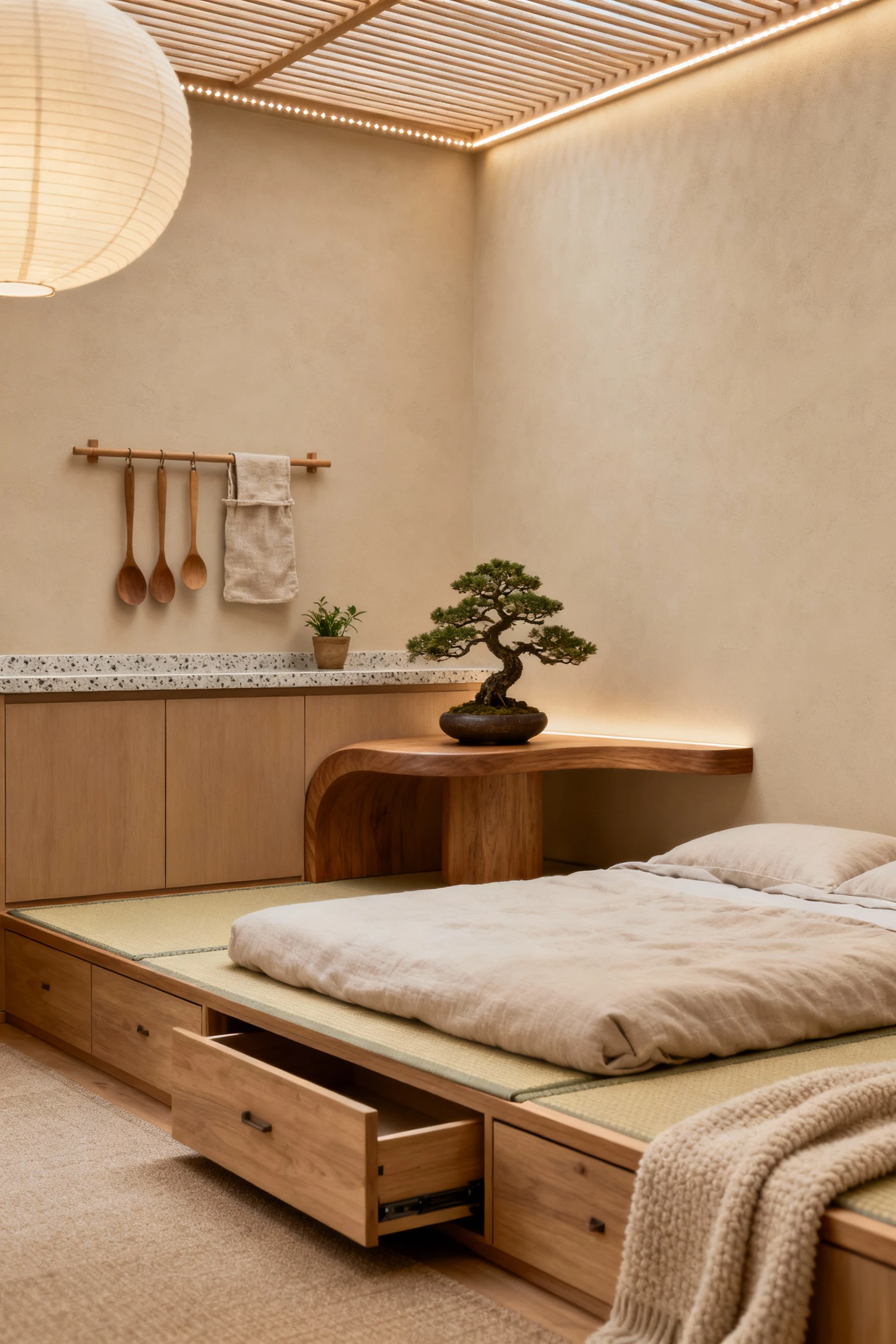 Closeup detail of a Japandi tatami retreat: corner of a tatami-style platform with foldable futon and wide drawers, a ge