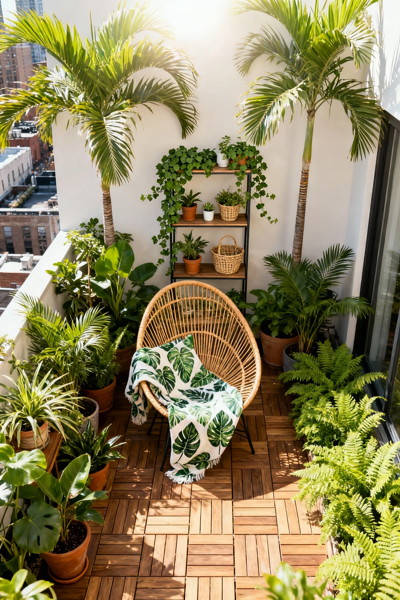 An overhead view of a lush urban jungle patio covered in potted plants at varying heights, towering palms in corners, tr