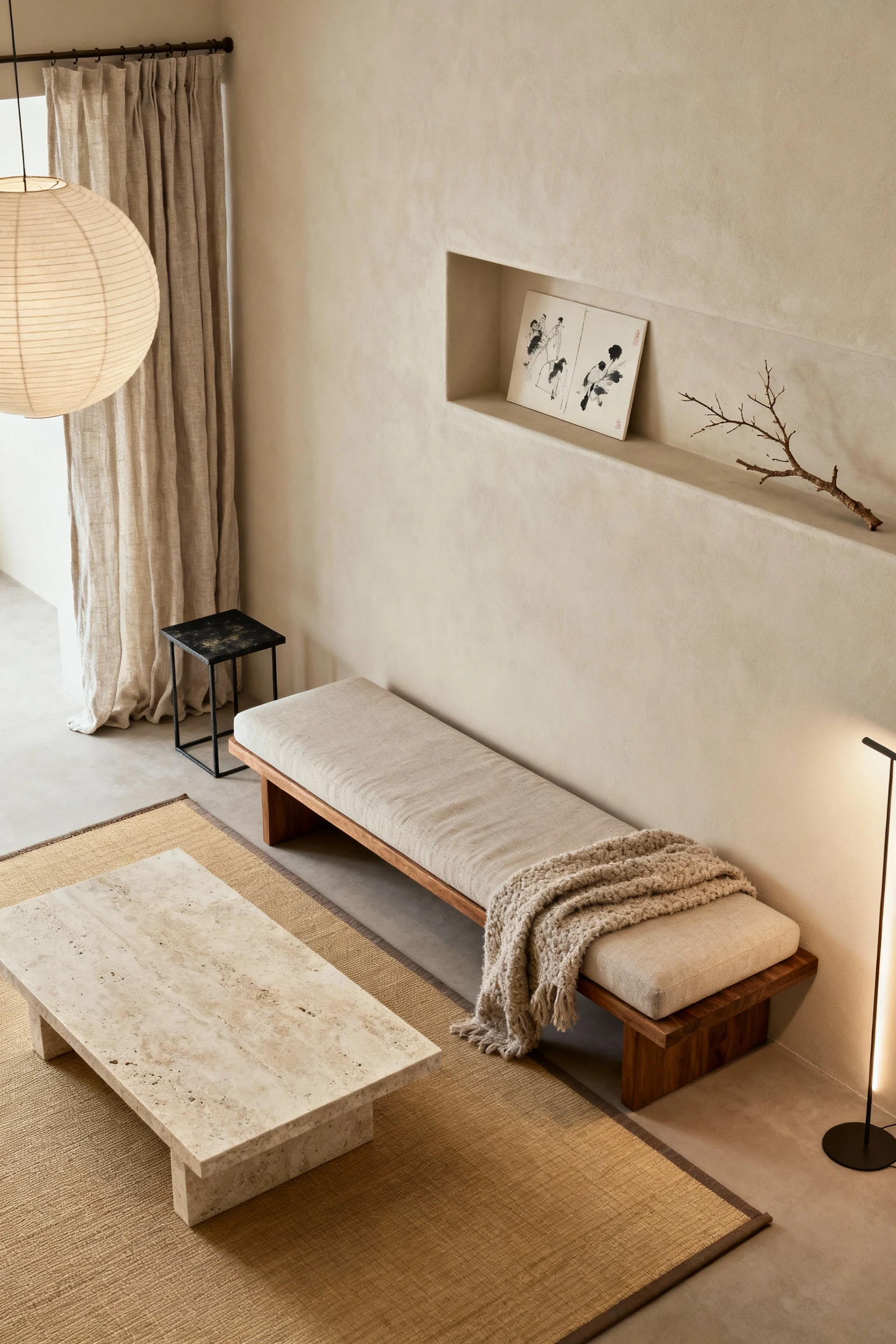 Photorealistic detail closeup, 45-degree overhead view focusing on a low travertine-look coffee table on a jute-tatami r