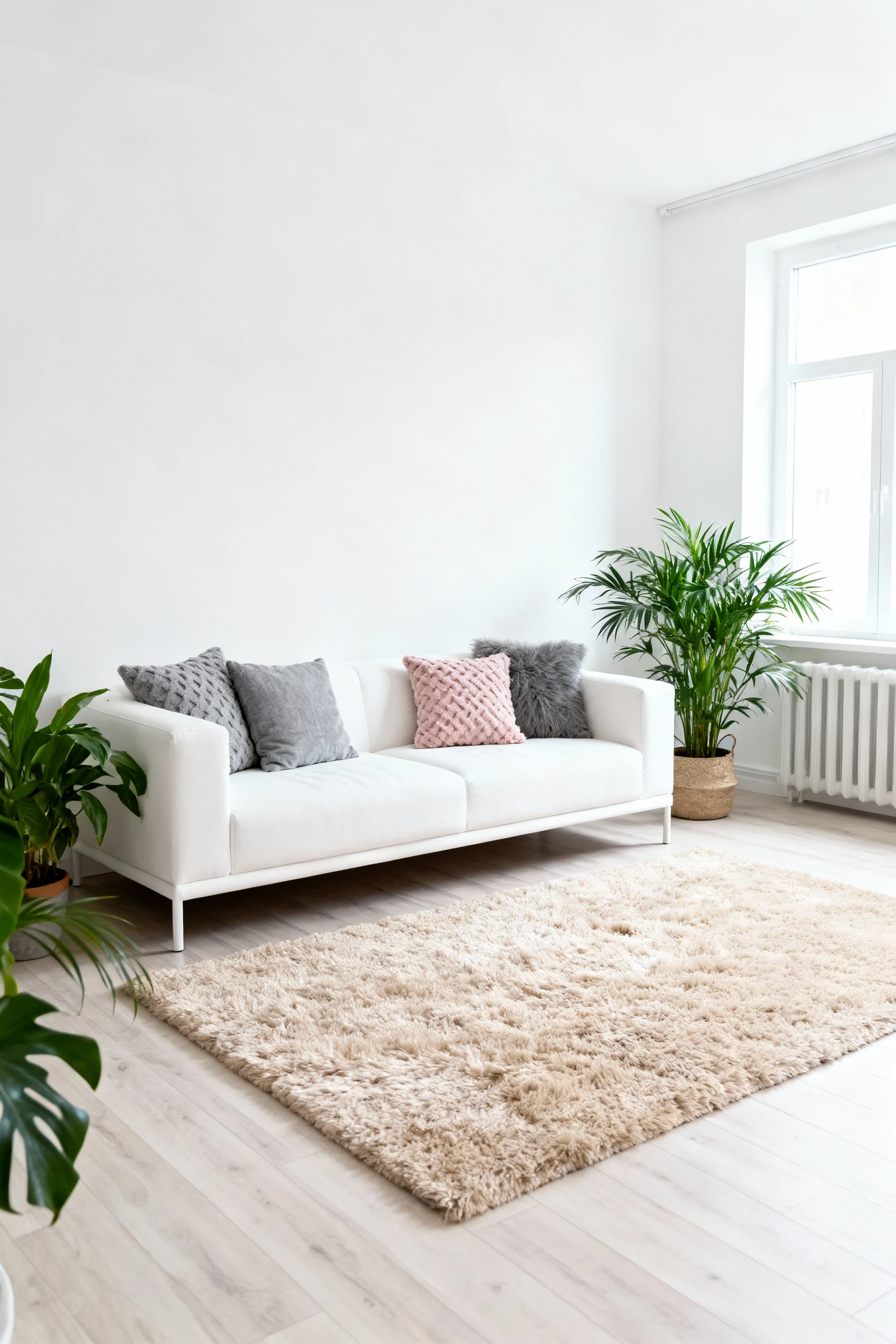 Wide-angle view of a cozy Scandinavian minimalist living room with crisp white walls, pale wood floors, a low-profile wh