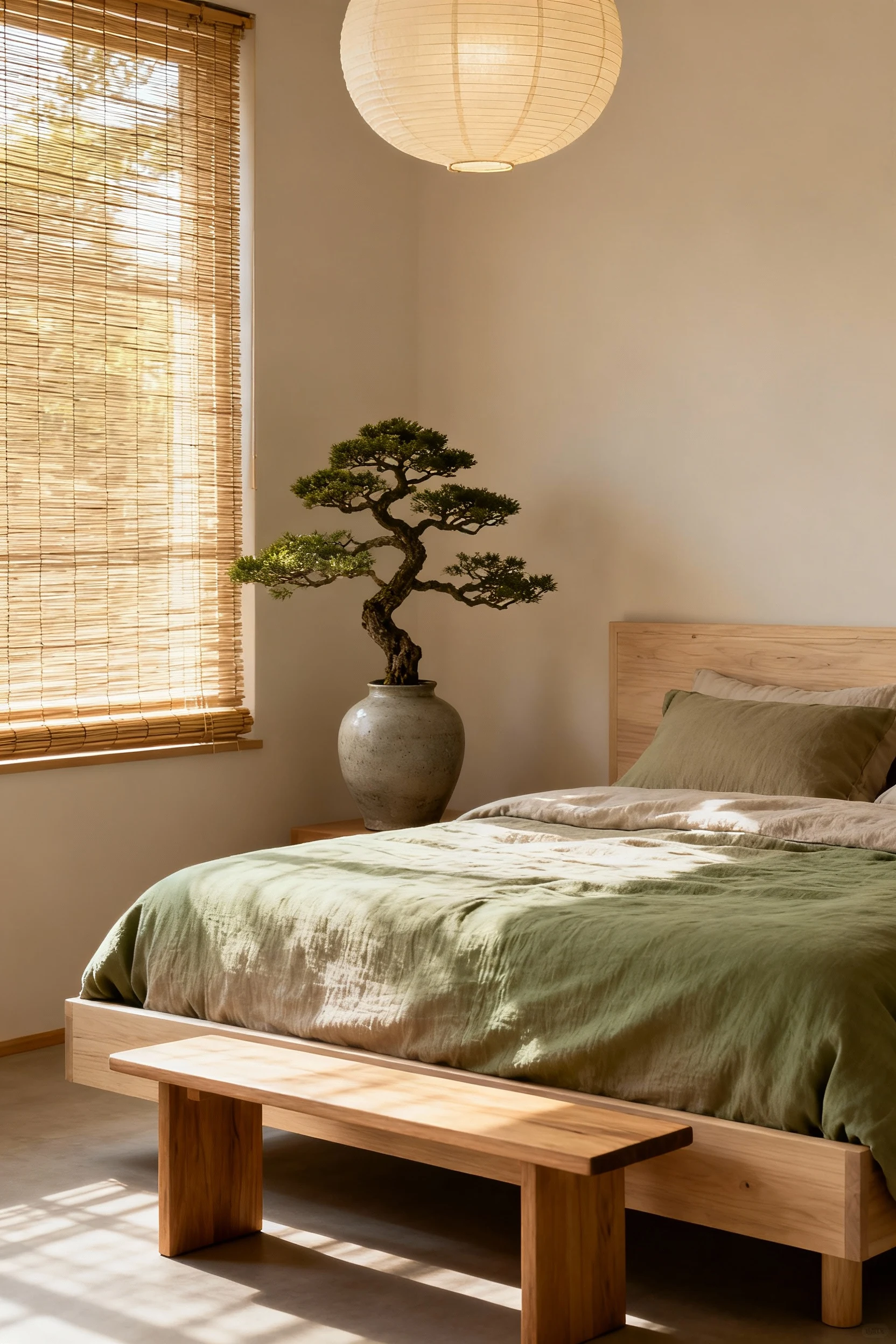 Closeup of Japandi-style bedroom corner showing pale wood low bed frame with soft earth-tone cotton bedding, slim wood b