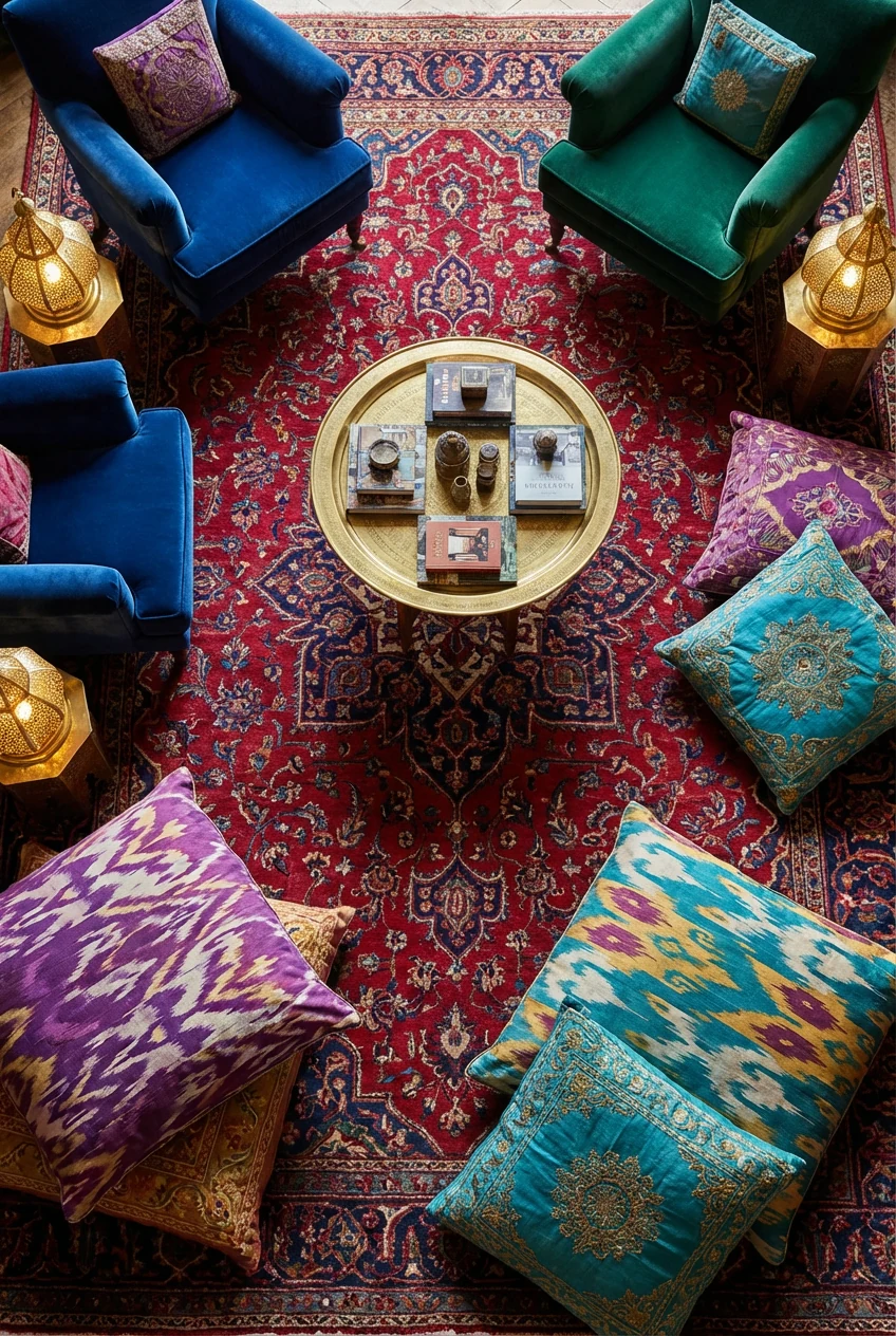 Overhead photorealistic detail shot of a rich jewel-toned Persian rug in ruby red and indigo, flanked by plush velvet sa