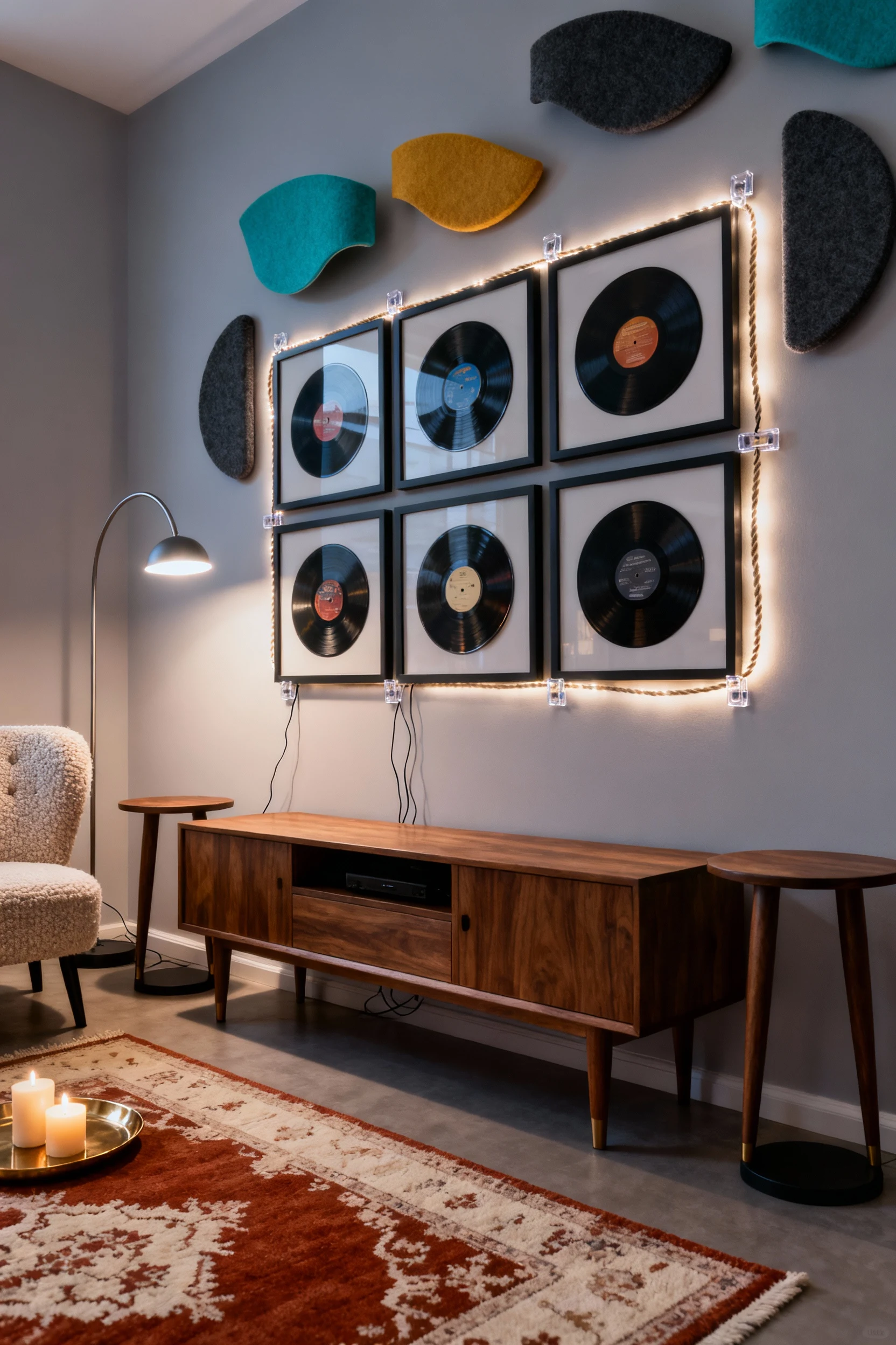Photorealistic medium corner-angle lounge at dusk: walnut media console and tapered-leg side tables anchored by a 3x3 gr