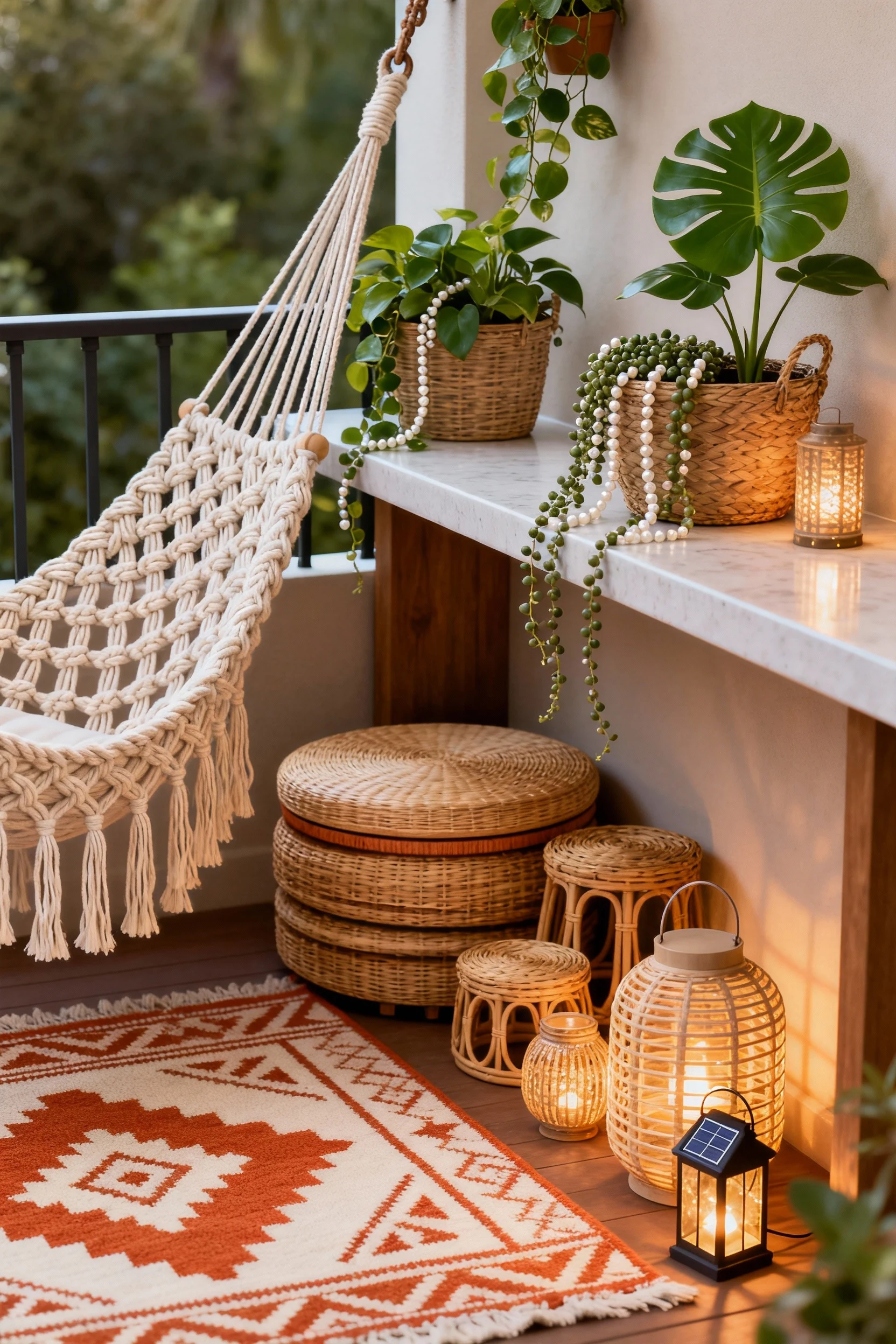 Detail closeup from a corner of a boho hammock retreat: macramé hammock chair with knotted texture and tassels beside a 