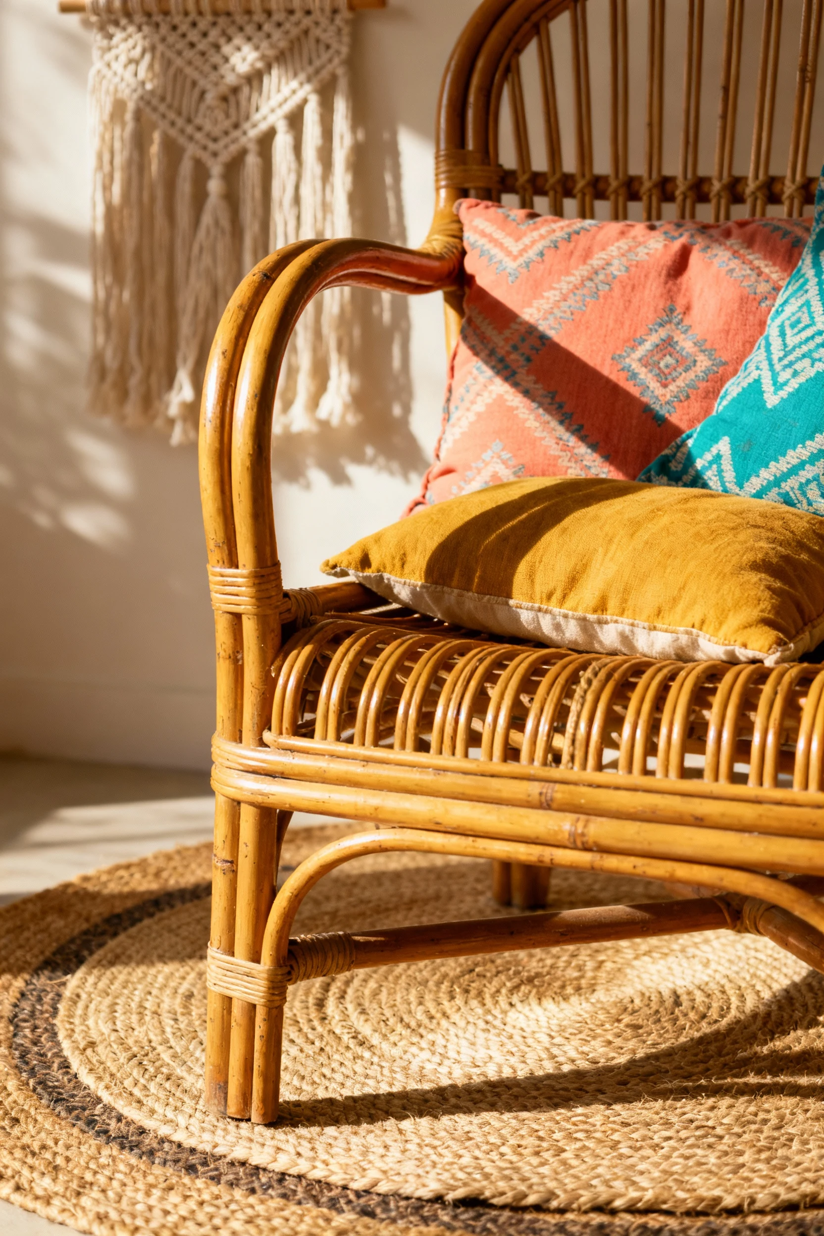Closeup detail shot of a vintage rattan chair with curved armrests, layered natural jute rugs beneath, and colorful patt