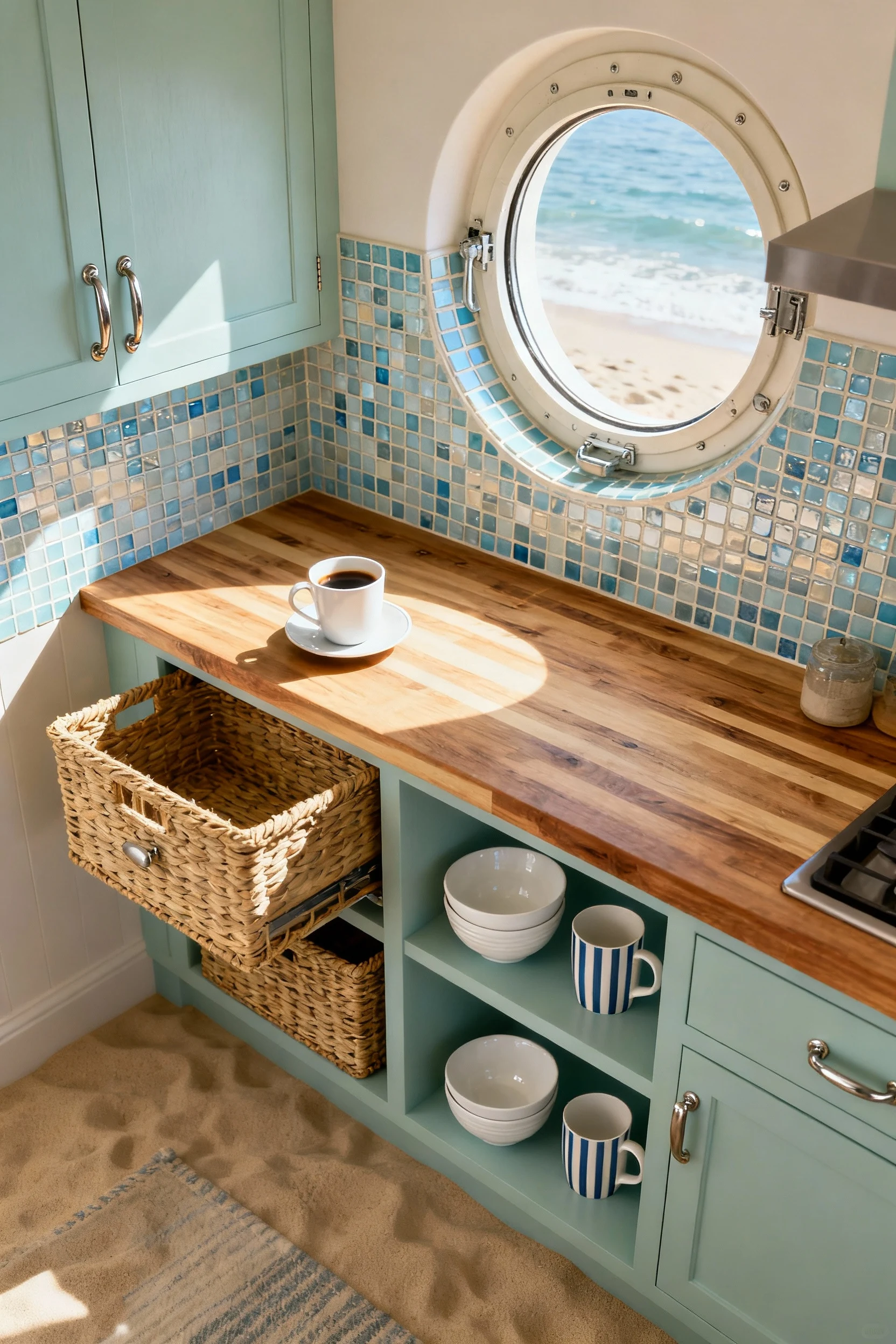 Photorealistic high-angle overhead corner shot of a coastal cottage nook: skinny butcher block peninsula set for morning