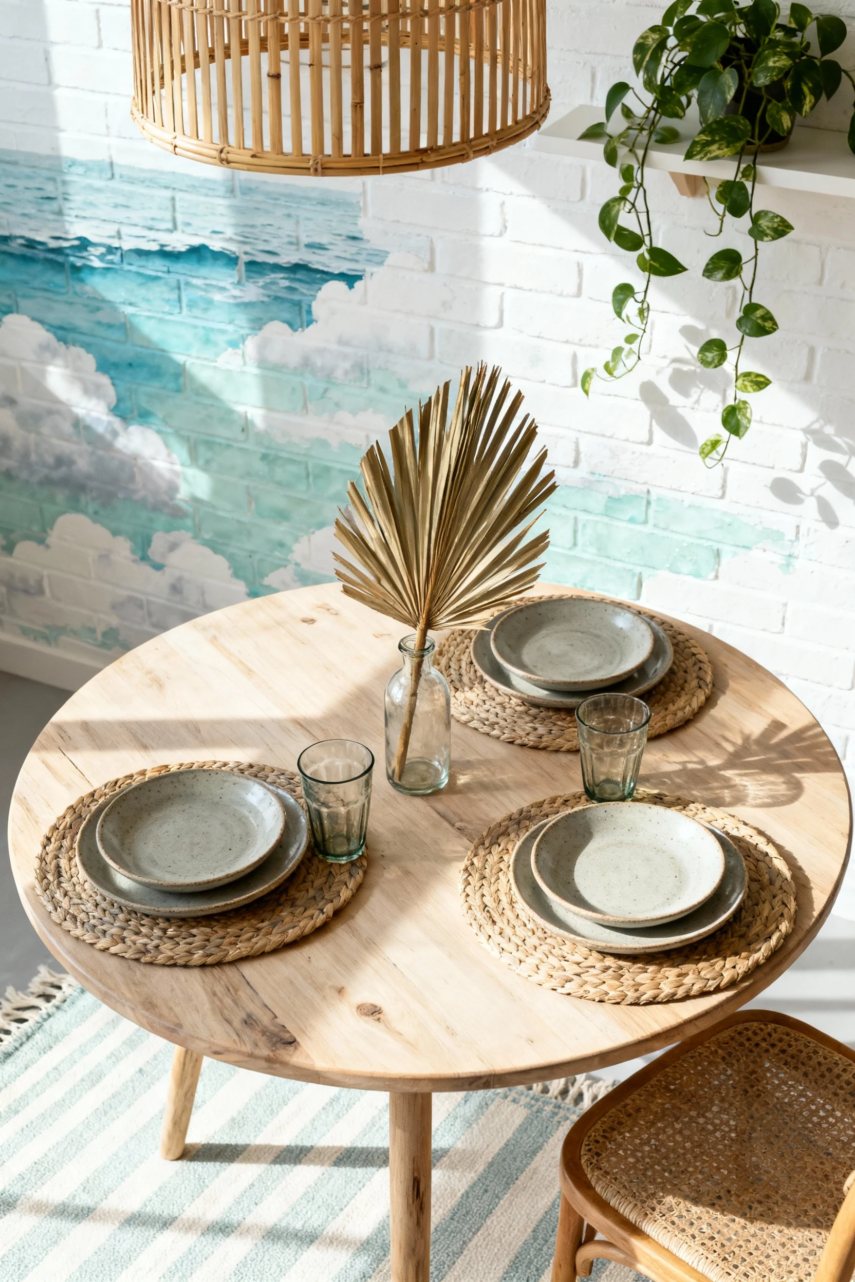 3. Overhead detail shot of a coastal calm boho dining nook tabletop: light-wood round bistro table with woven placemats,