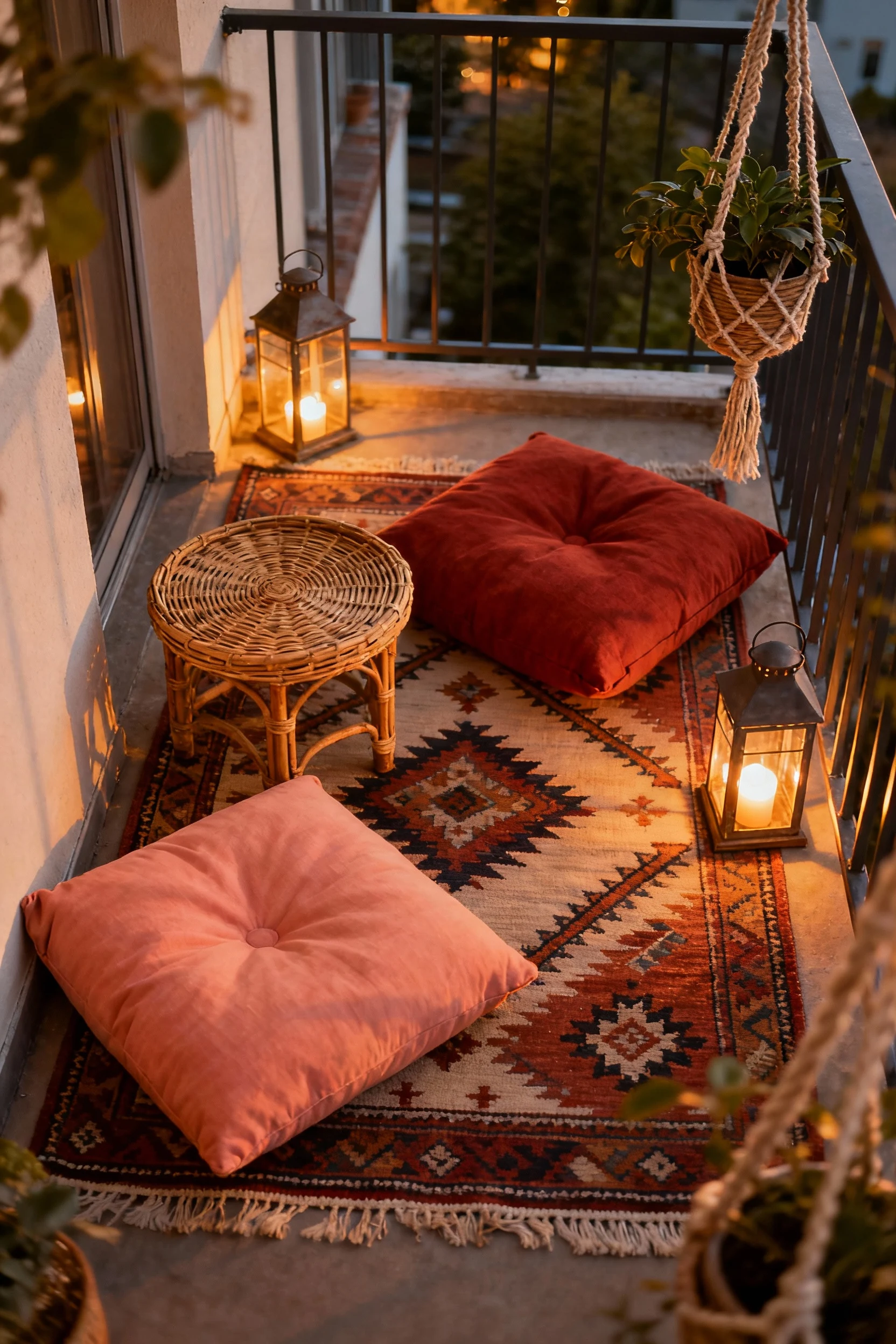 Photorealistic overhead shot of a cozy boho lounge on a tiny balcony: patterned kilim-style outdoor rug as the base, ove