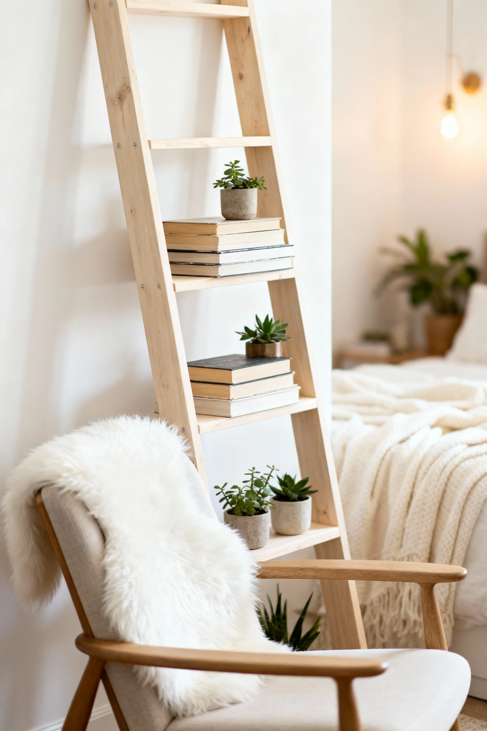 Closeup detail of a pale wood leaning ladder shelf against a bright wall, decorated with neatly stacked books, small pot