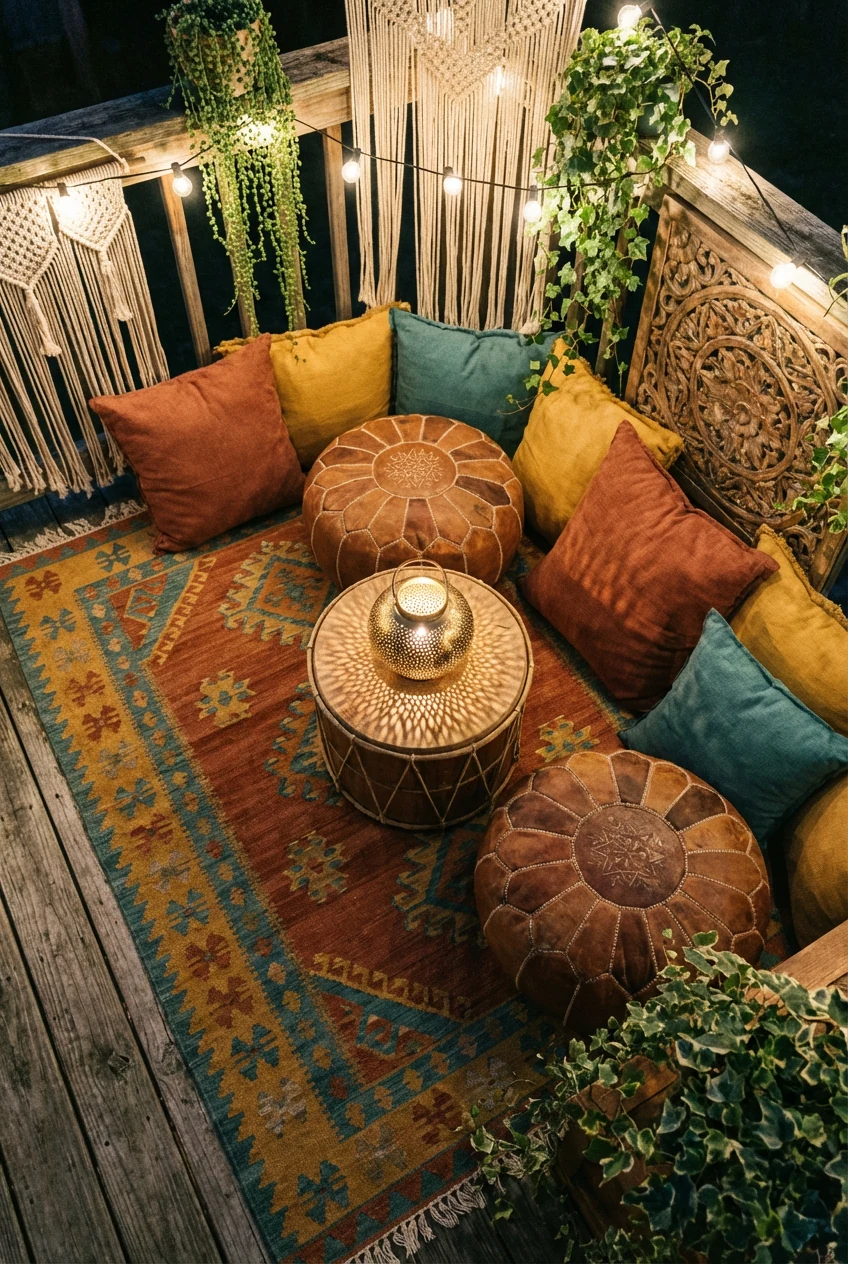 3. A photorealistic overhead detail shot of a boho nomad nook at night: kilim-style outdoor rug in rust, mustard, and te