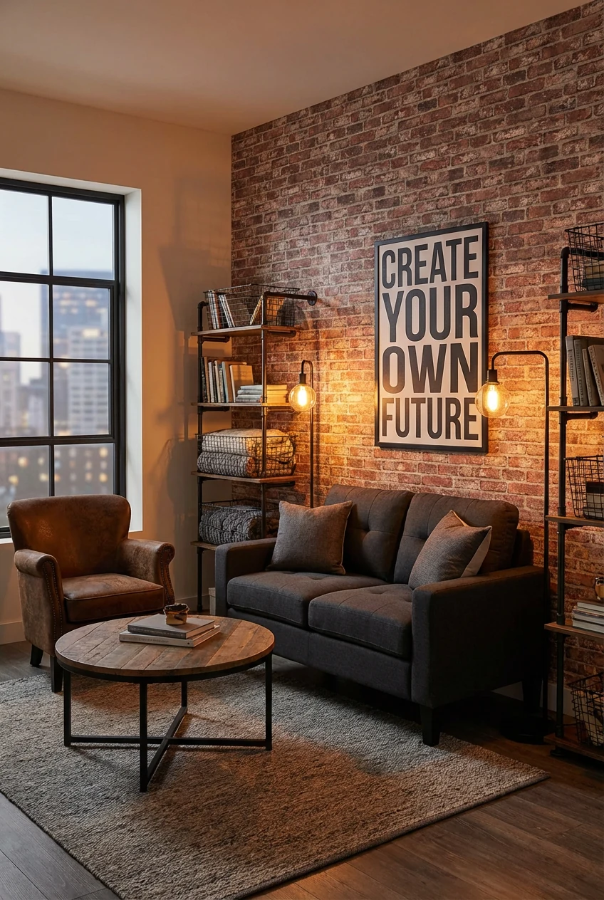 Corner angle view of an industrial chic small apartment living room, dark grey loveseat paired with rugged faux-leather 