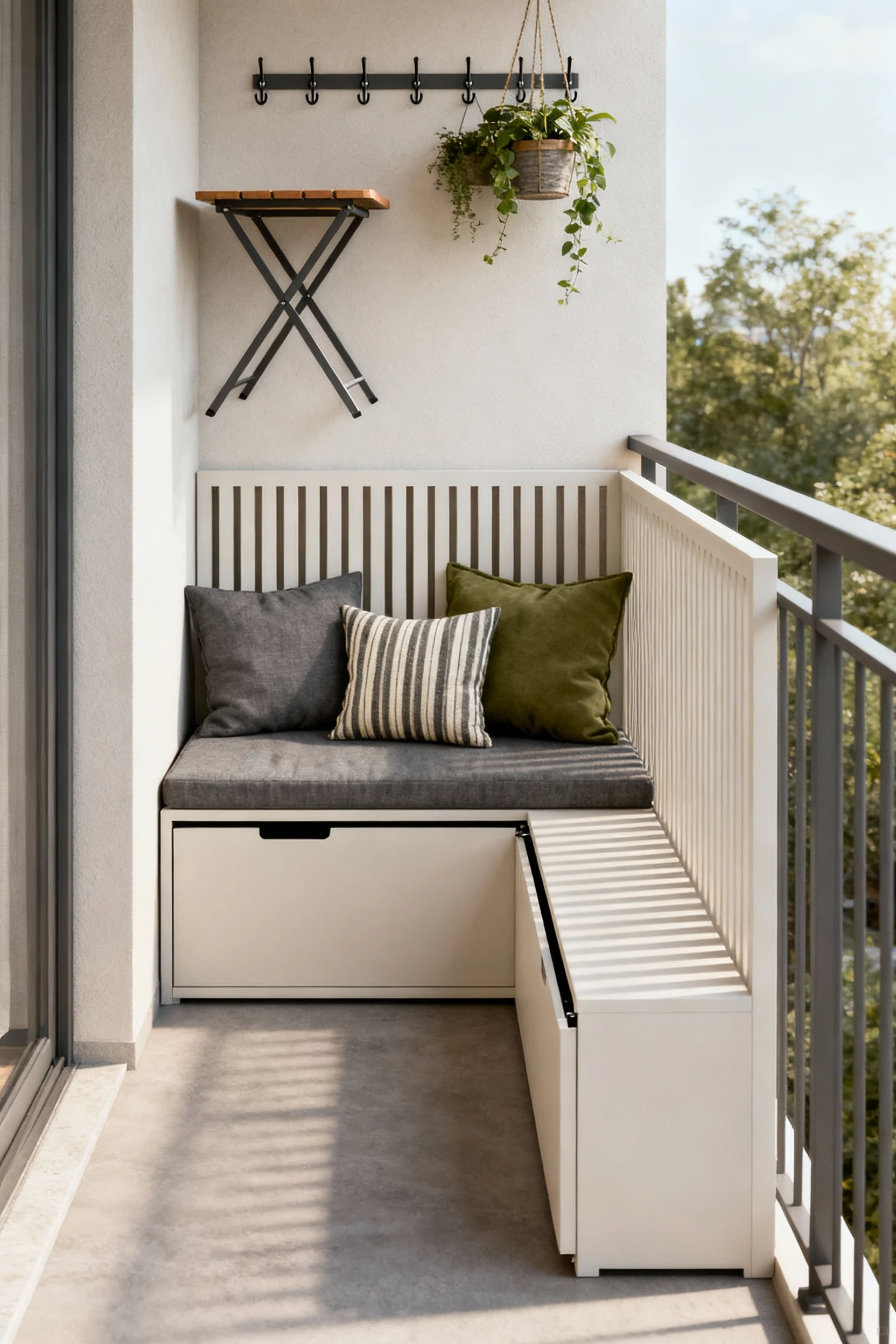 3. Photorealistic straight-on wide shot of a narrow balcony with a slim storage bench hugging the railing, lift-up stora