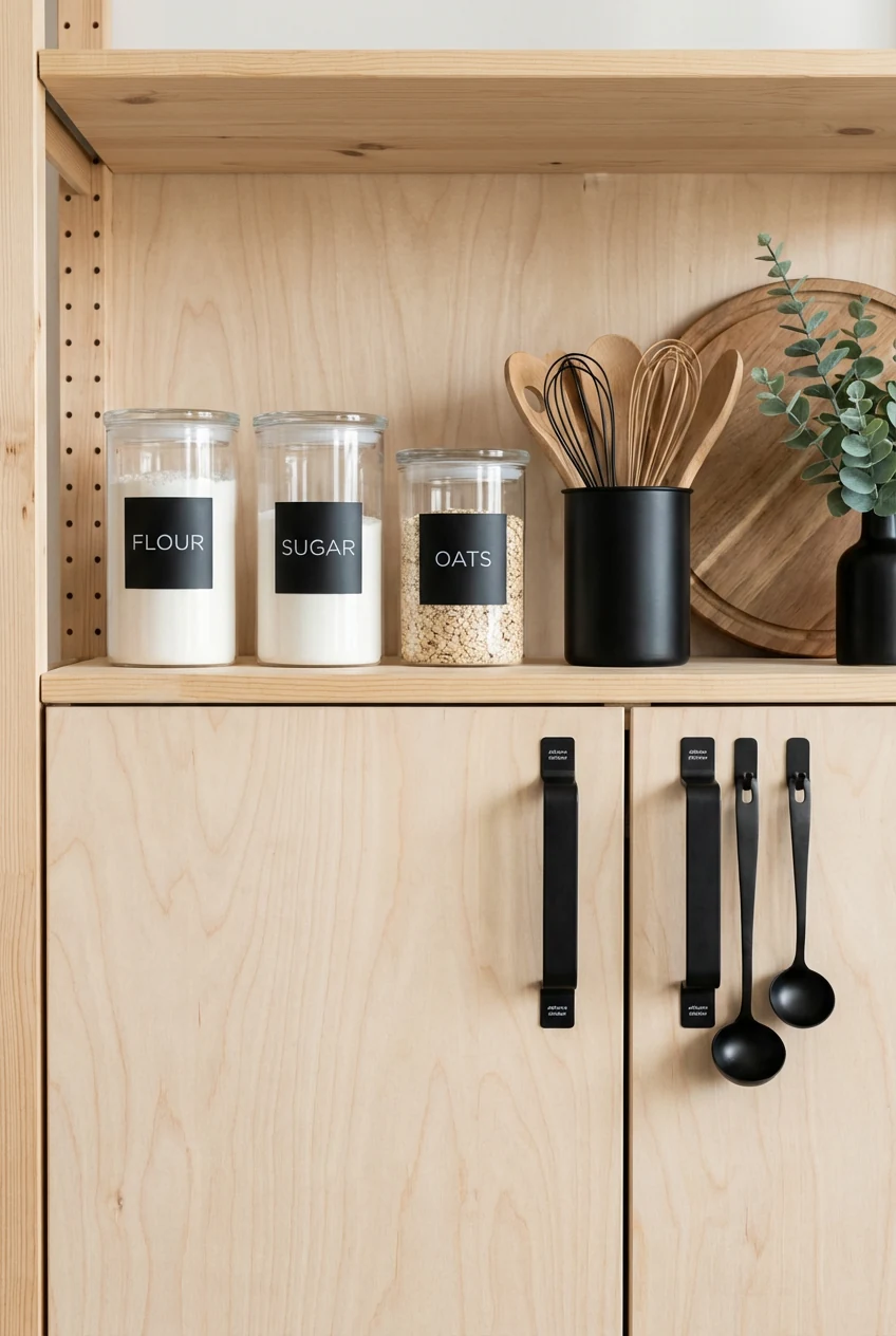 3. Photorealistic straight-on detail closeup of a Scandinavian shelf and cabinet vignette: wood-look shelf liner with cl