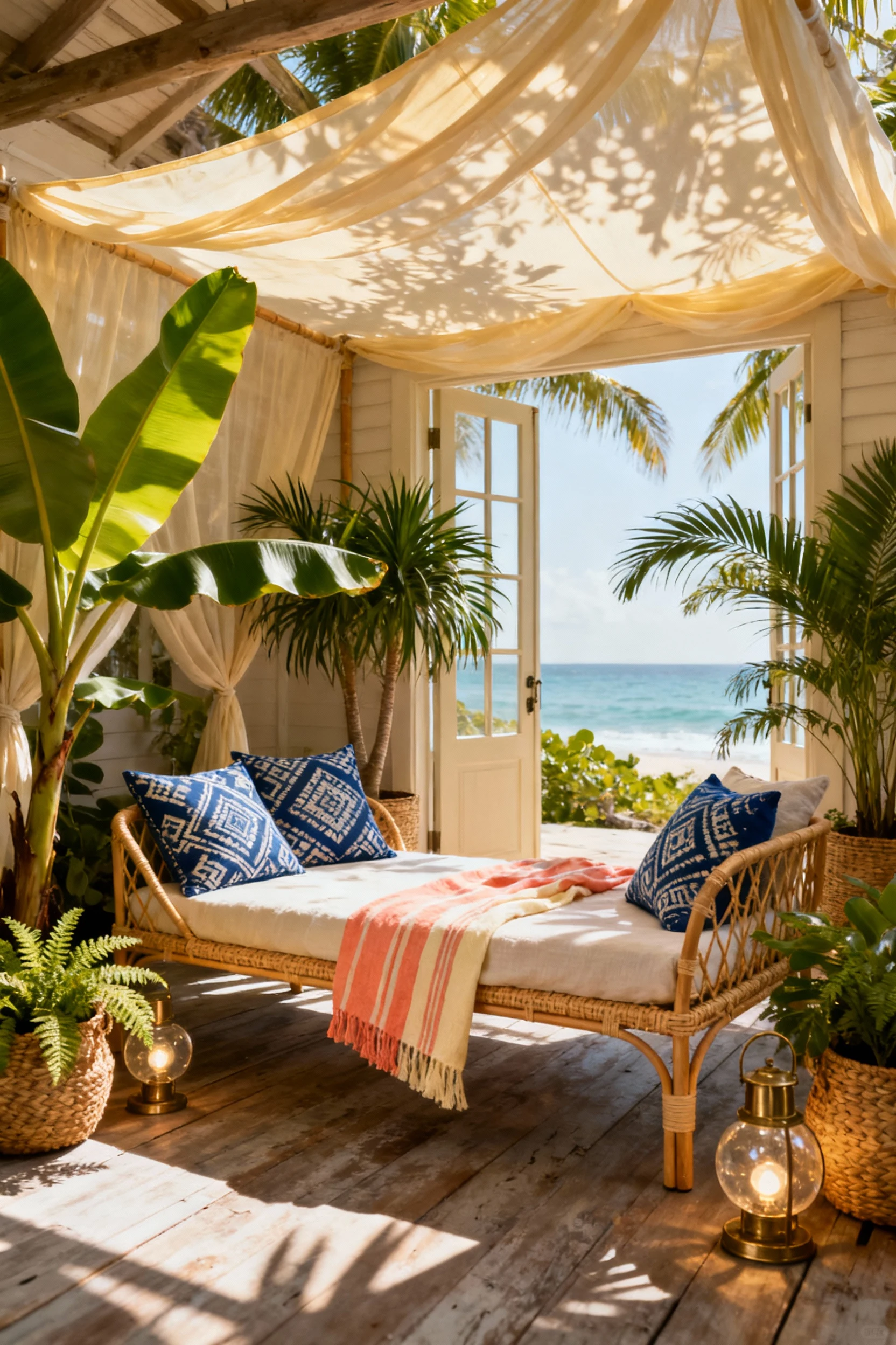 3. Wide corner-angle tropical hideaway, photorealistic: a sheer draped canopy casting dappled shade over a slim cane day