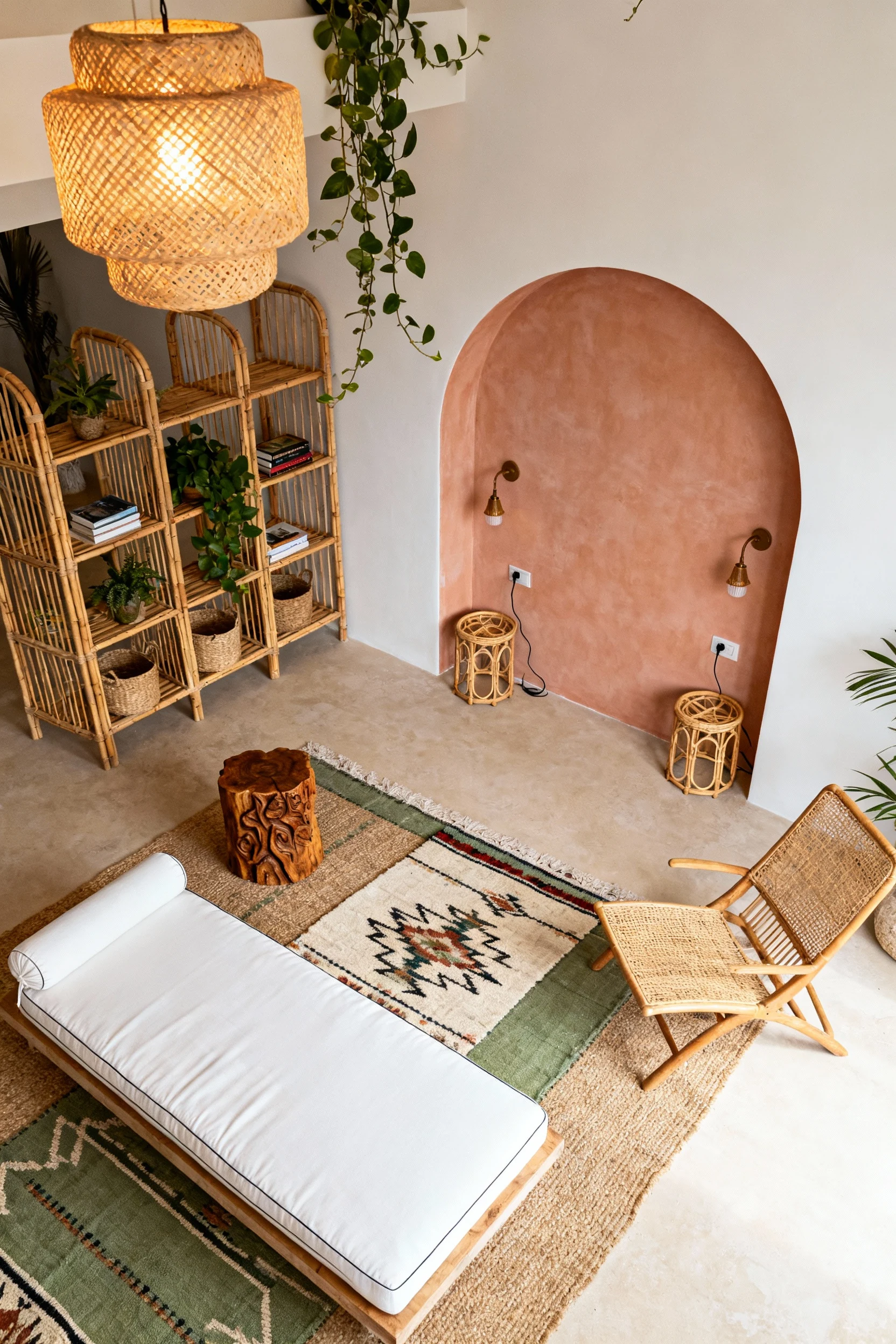 3. Photorealistic overhead detail shot capturing Desert Boho zoning: layered jute base rug with a kilim/flatweave on top
