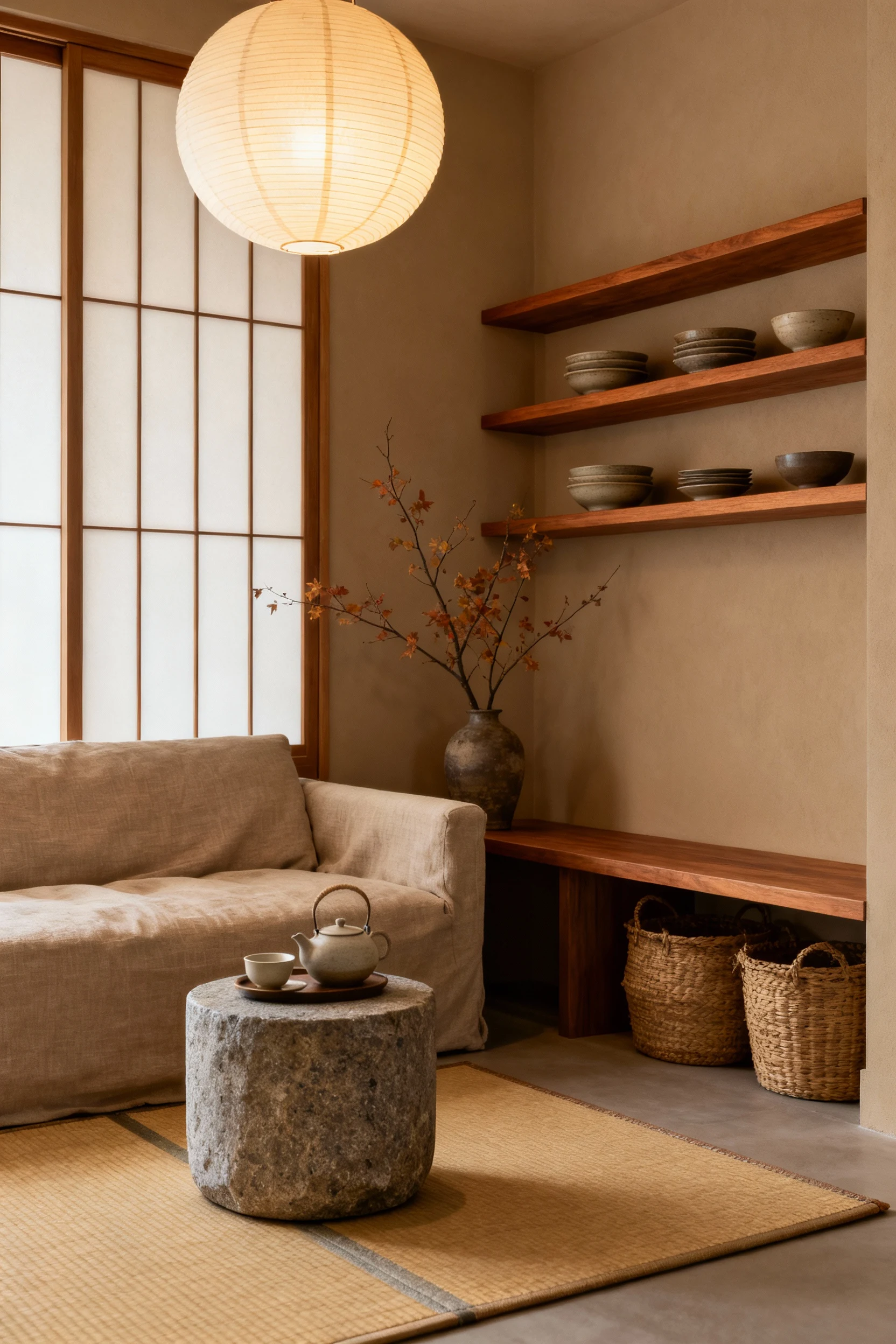Closeup corner view of a warm Japandi-inspired nook with mushroom-beige walls, a low flax linen sofa, a small stone-topp
