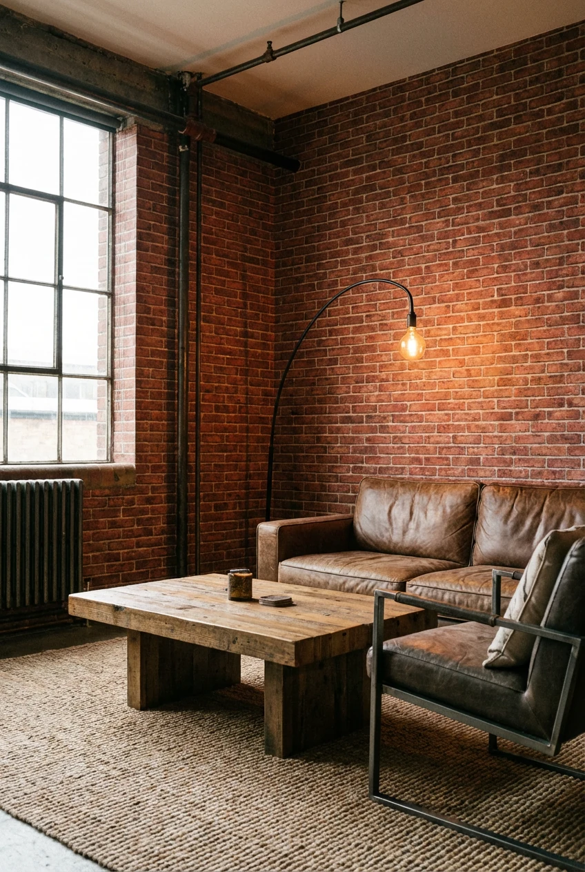 Corner perspective wide shot of a small industrial loft-style living room, brick-effect wallpaper in warm red tones, rec