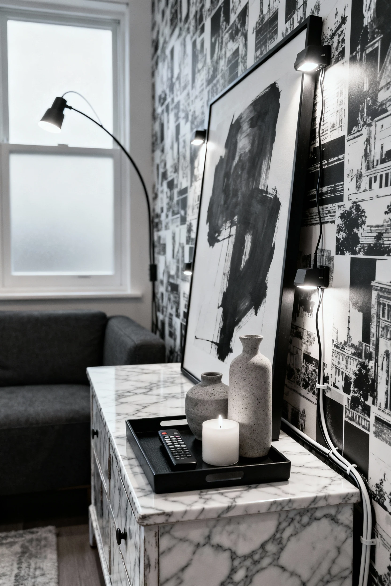3. Detail closeup, straight-on photorealistic console vignette in Polished Modern Monochrome: a thrifted console wrapped