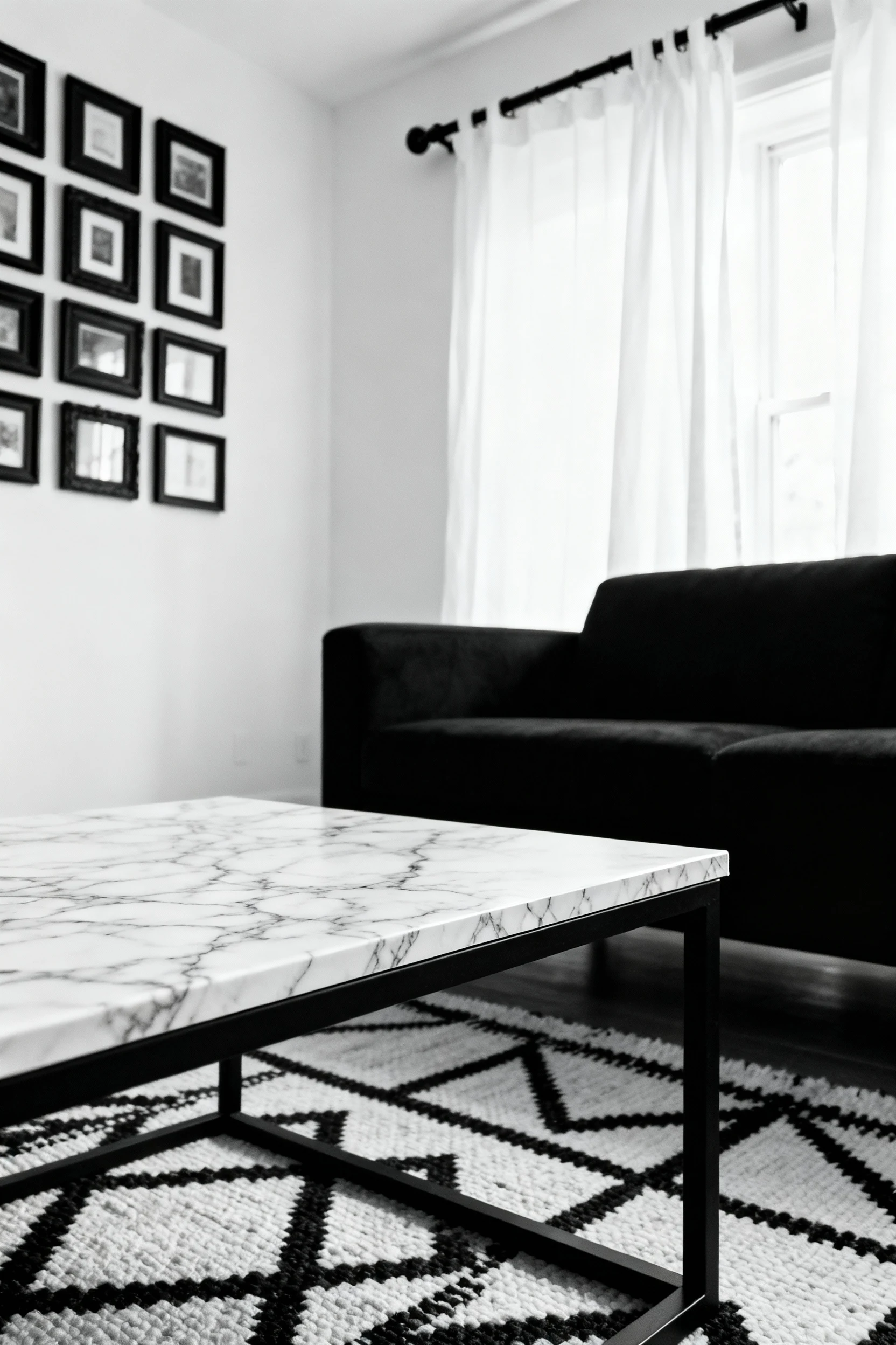 3. Photorealistic detail close-up at coffee table height: a DIY marble-contact-paper coffee table surface in the foregro