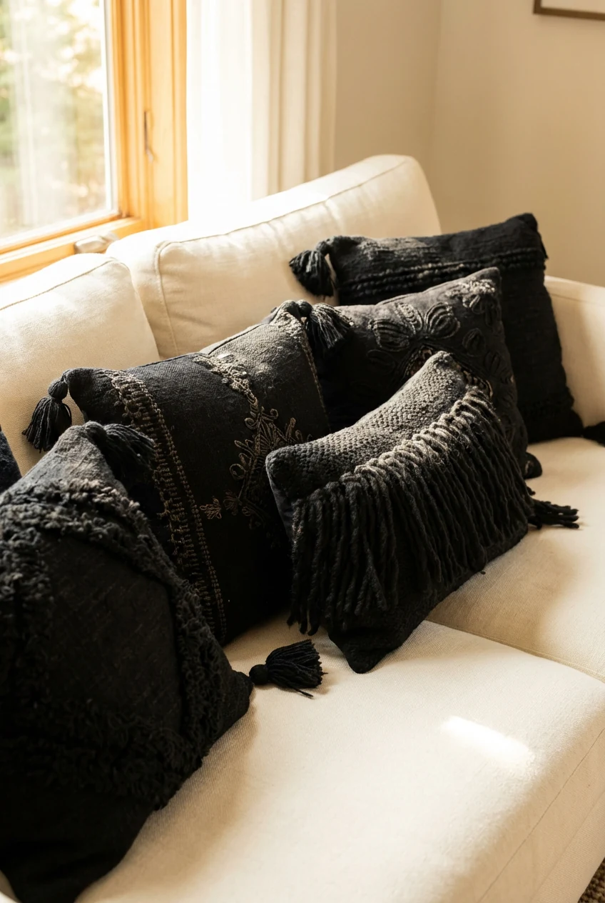 Closeup detail of layered textured black throw pillows with tassels, embroidery, and fringe, arranged on a soft cream so