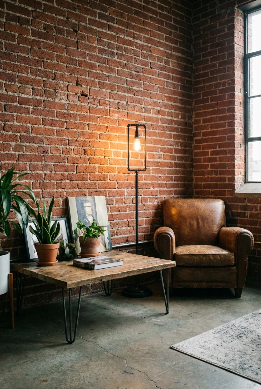 Medium shot of an industrial chic studio corner featuring exposed red brick wall, salvaged wood coffee table with metal 