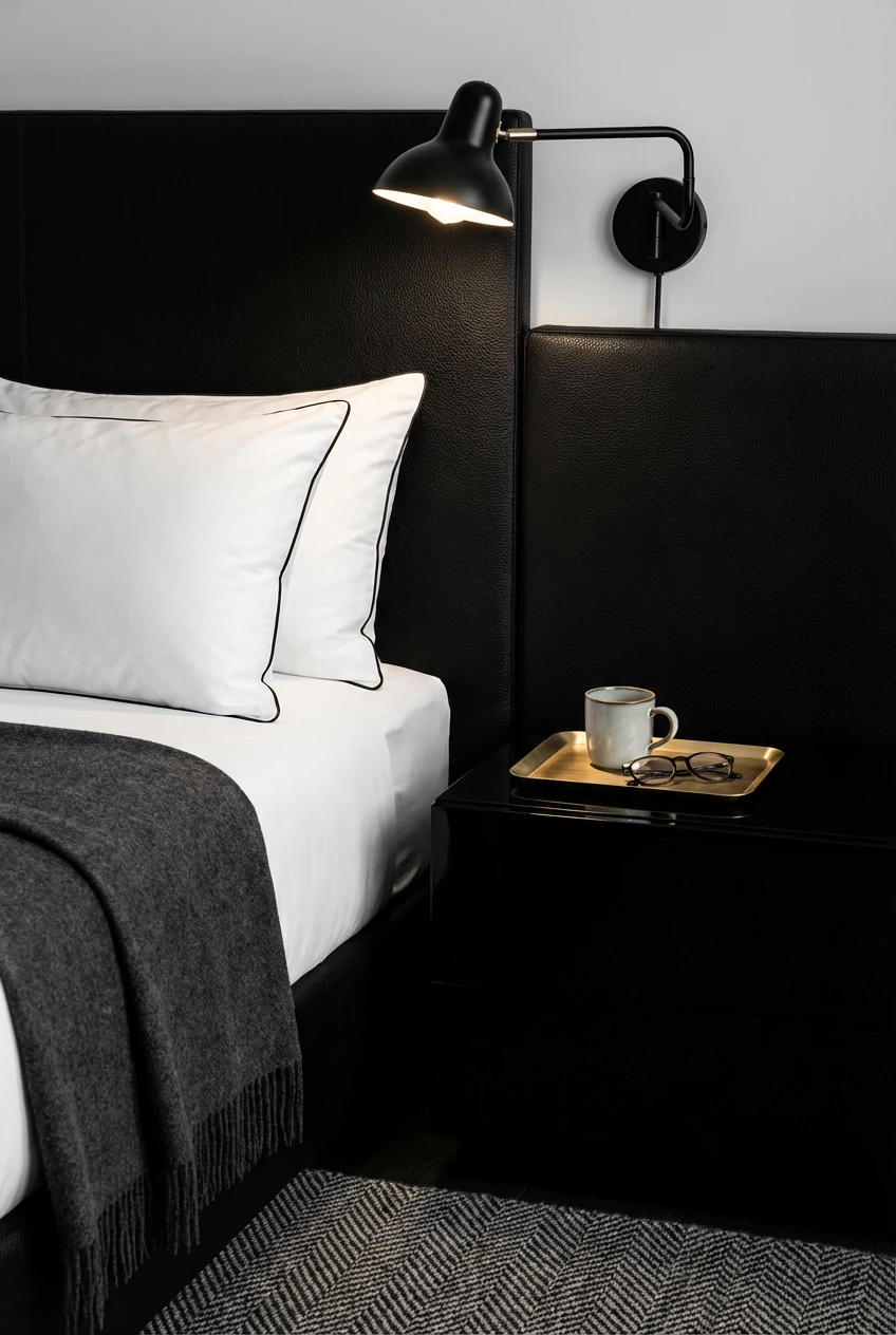 Photorealistic close-up bedside vignette in a sleek black-and-white micro-luxe bedroom: textured black peel-and-stick he