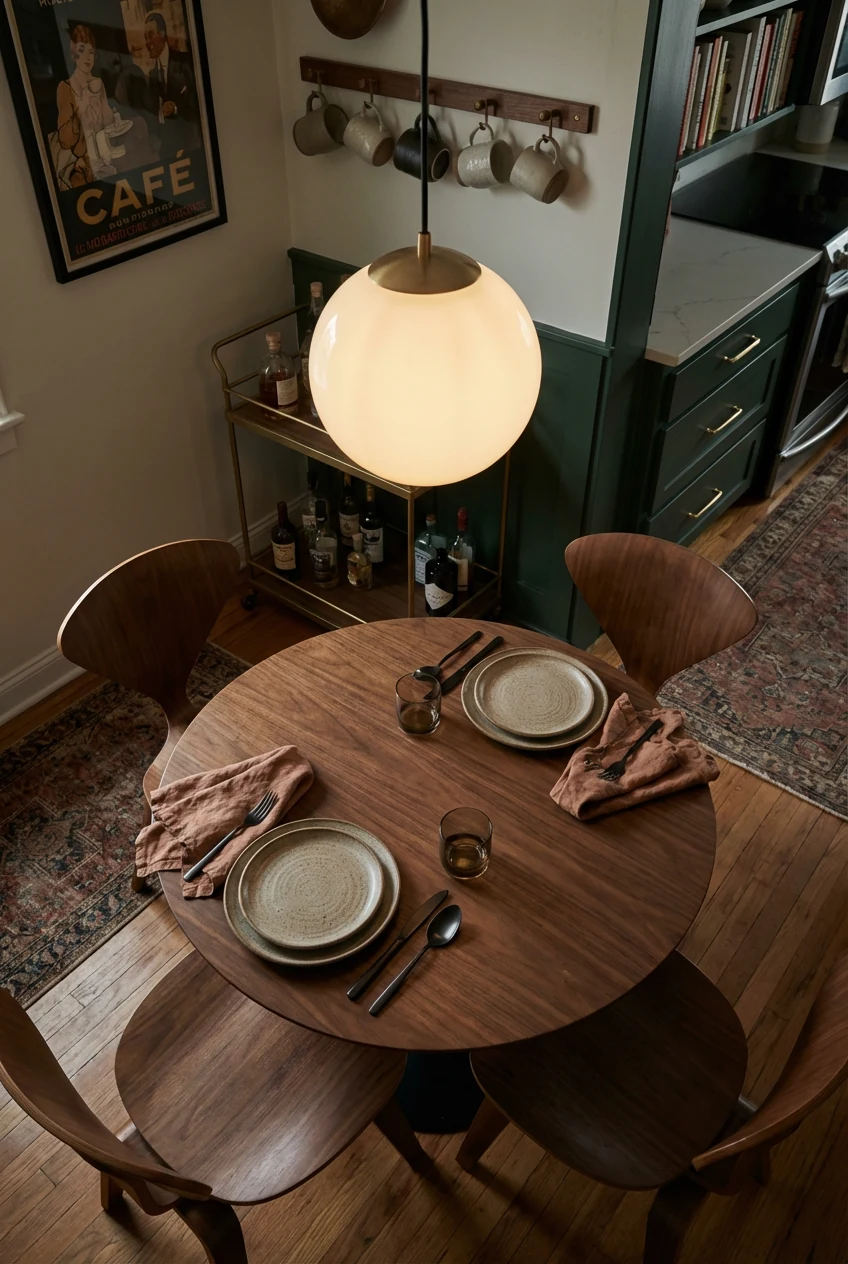 Photorealistic overhead detail shot of a warm walnut bistro table set for two with stoneware plates, matte flatware, and