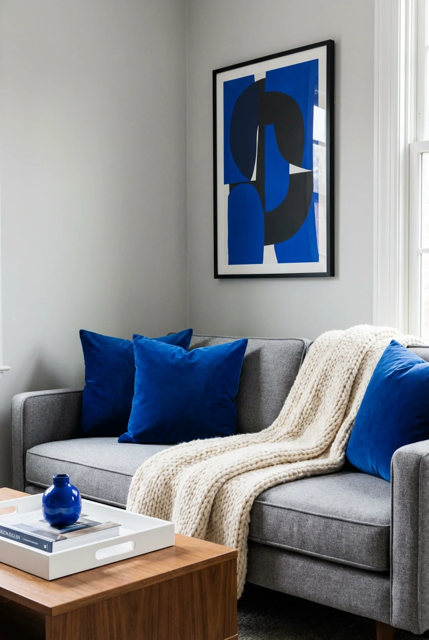 3. Tight medium vignette of a Bold Color Pop living room: gray sofa styled with a pair of cobalt velvet cushion covers a