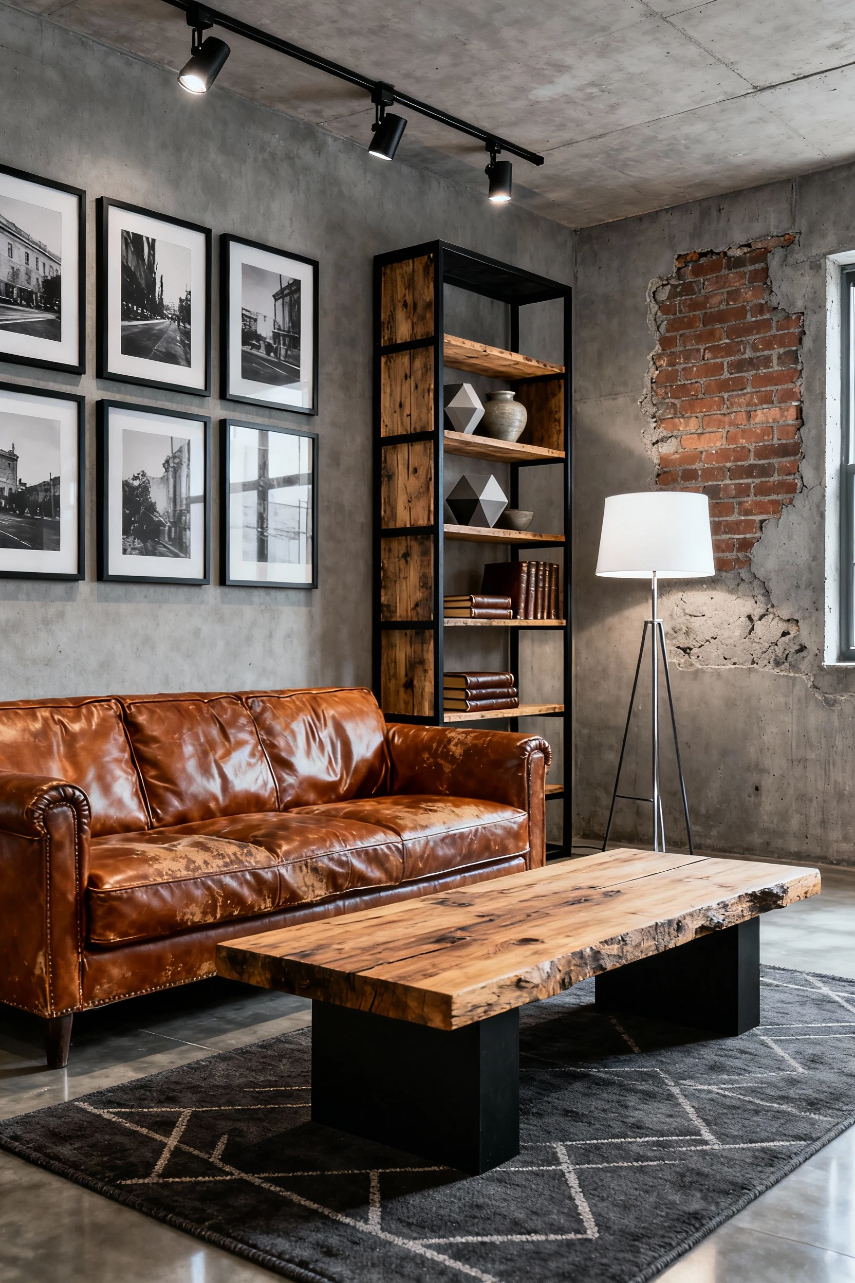 Photorealistic medium, corner-angle shot of an Industrial Leather Loft: distressed caramel leather sofa facing a thick s