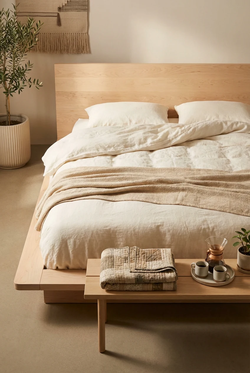 3. Overhead detail shot at the foot of a blonde wood platform bed: ivory cotton-linen duvet layered with a sand-colored