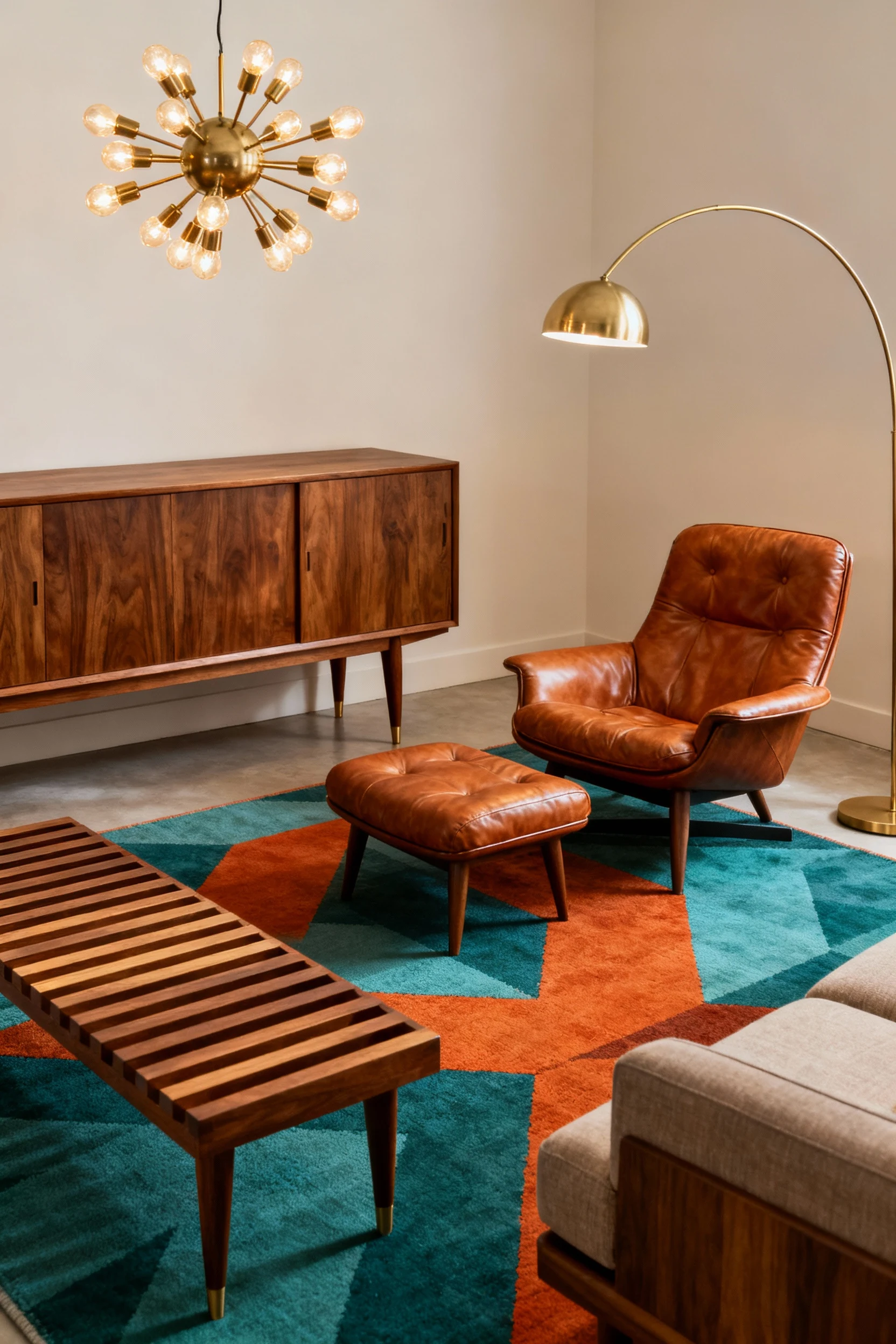 3. Photorealistic medium corner-angle shot of a mid-century living room featuring a walnut credenza, low-profile sofa on