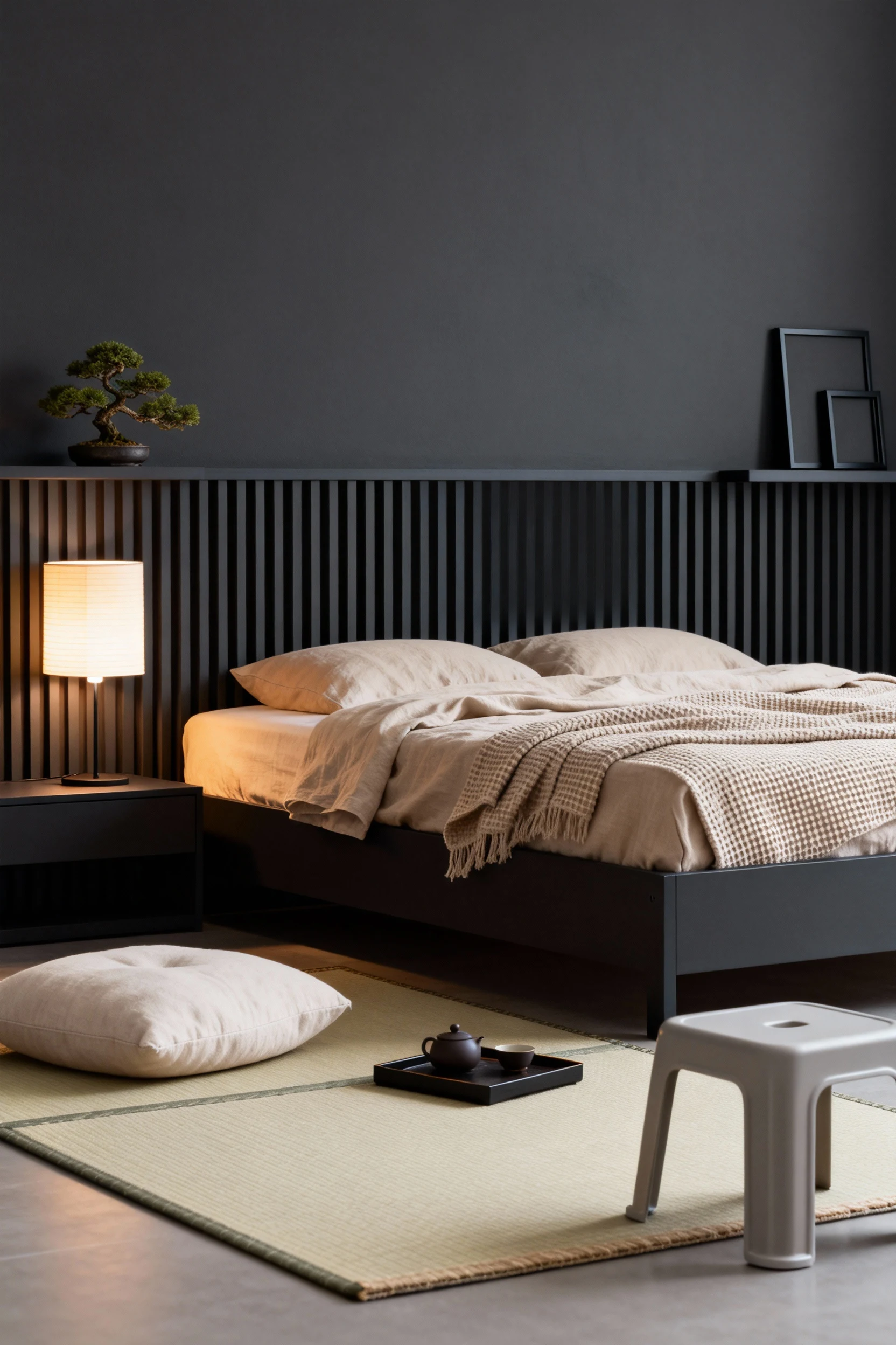 Detailed closeup of a Japandi zen sleeping wall: charcoal-painted backdrop with vertical LURÖY bed slats forming a rhyth