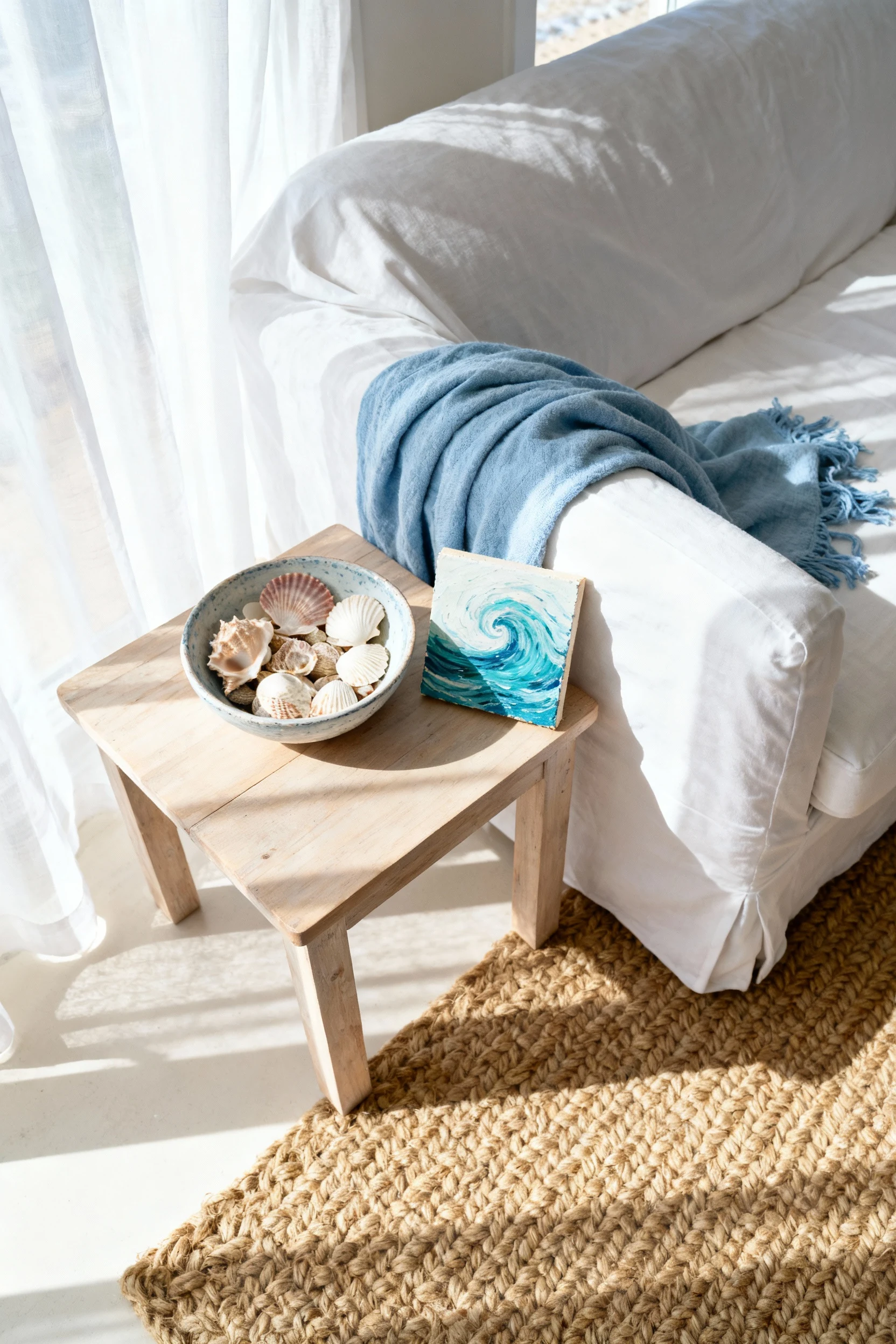 3. Overhead detail shot of coastal calm studio textures: a light-wood side table styled with a shell-filled bowl and sma