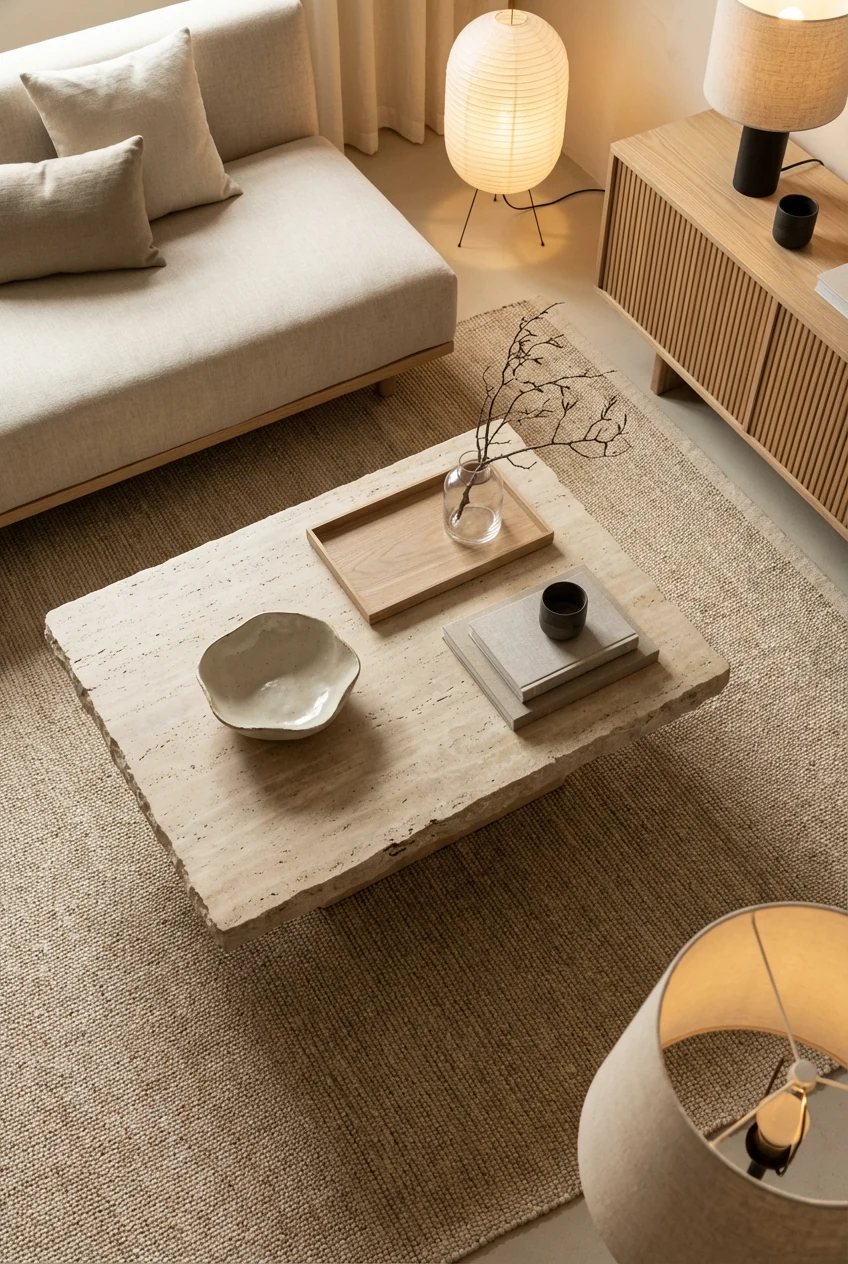 3. Overhead detail shot, photorealistic, capturing Japandi calm: a chunky travertine slab coffee table styled with a sin