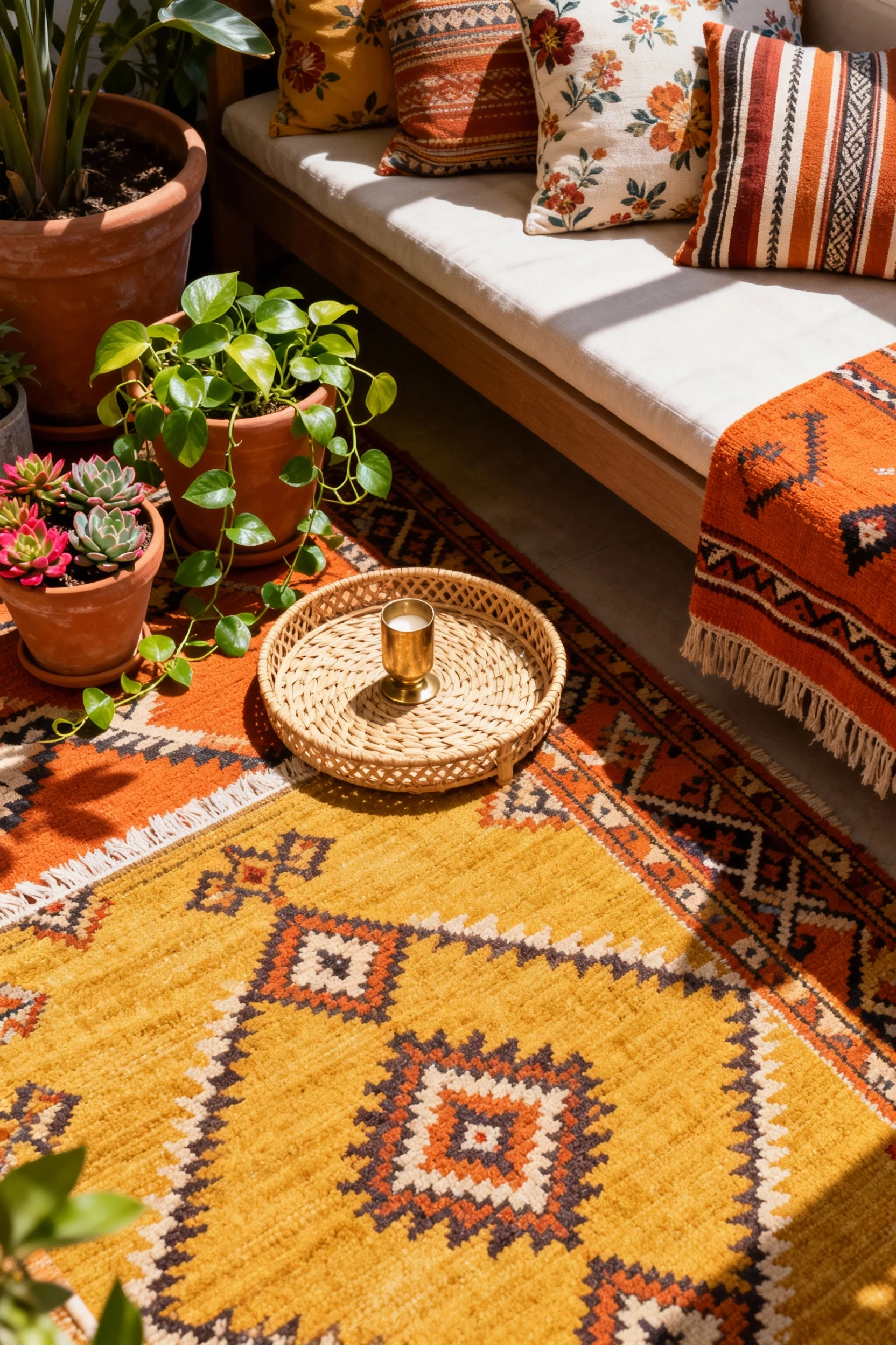Photorealistic overhead detail of a sunny boho mix: layered kilim rugs in warm tones, a rattan accent tray, terracotta p