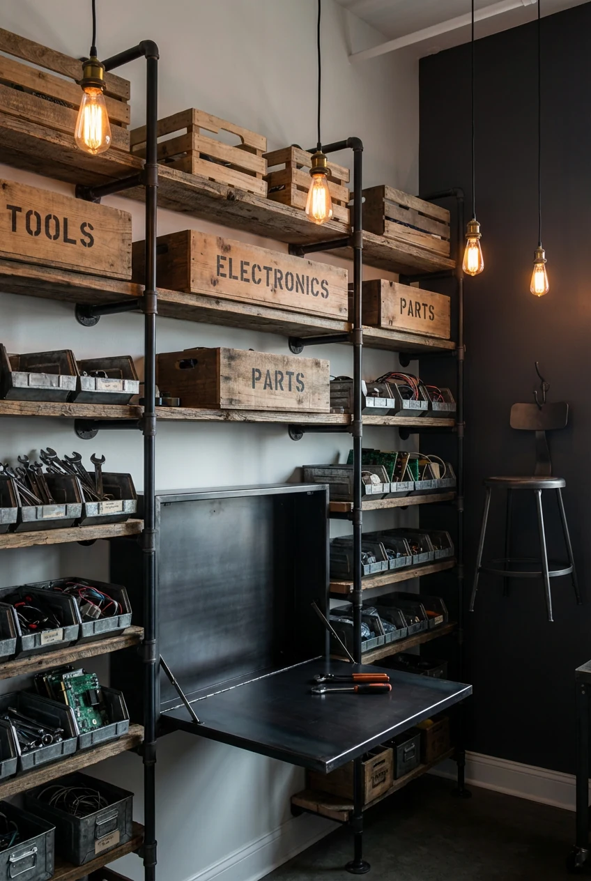 3. Medium straight-on view of an industrial micro-workshop wall: matte-black pipe shelving with reclaimed wood planks an
