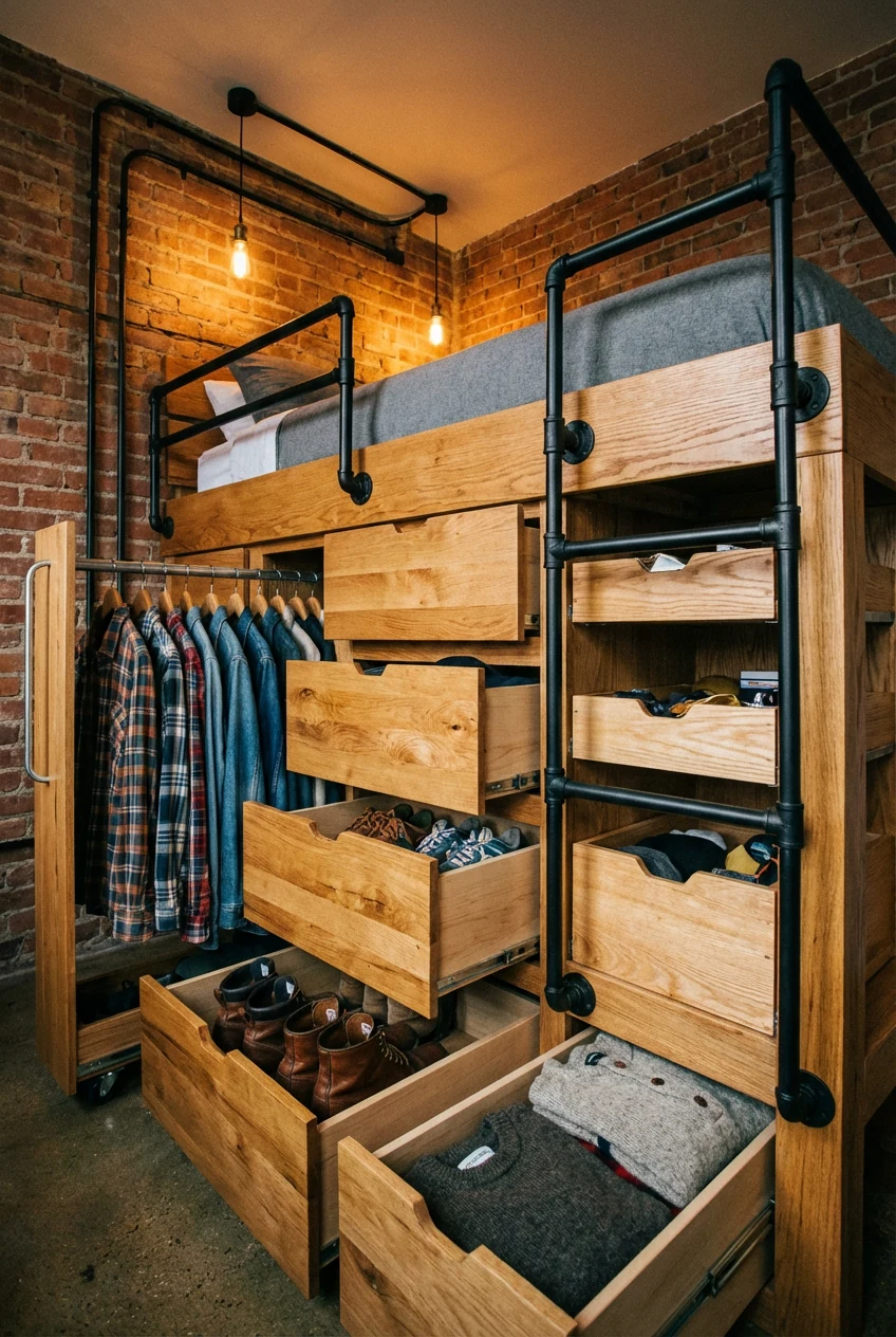 3. Detail closeup, low 3/4 angle photorealistic shot beneath a raised loft bed: chunky warm oak step-drawers pulled open