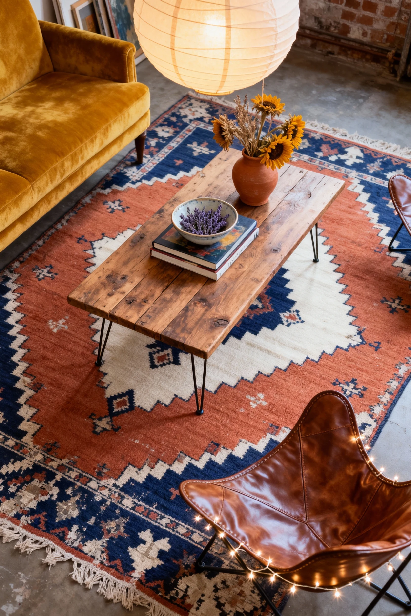Detailed overhead photorealistic shot of a reclaimed wood coffee table with hairpin legs styled with art books, a stonew