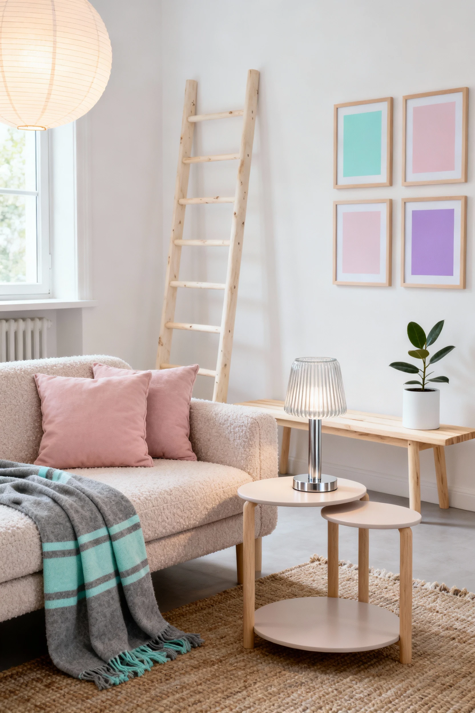 Photorealistic detailed closeup of a Scandi pastel cloud vignette: slim bouclé sofa against warm white walls with blush-