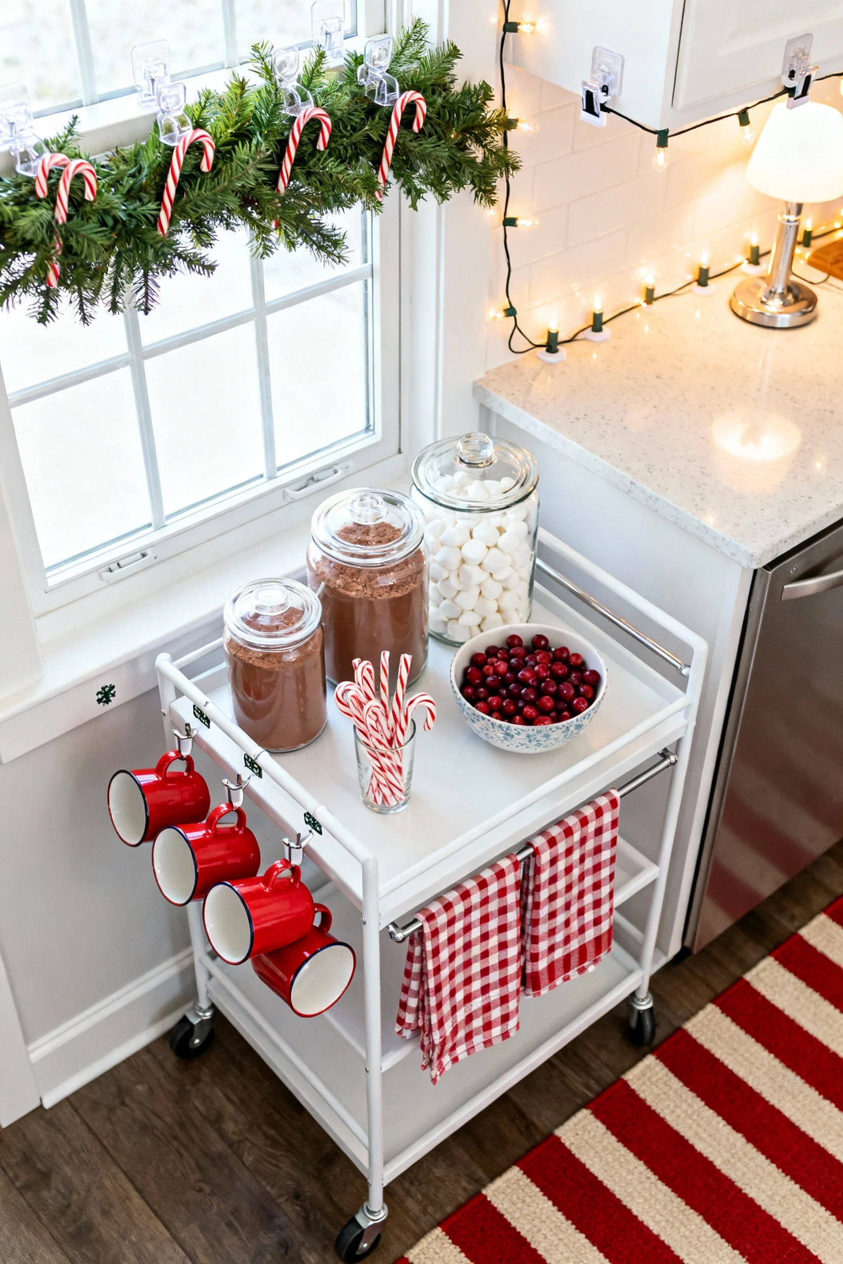 3. Overhead detail shot of a candy cane cocoa bar in a kitchen: compact rolling cart with enamel mugs on a mini mug rail