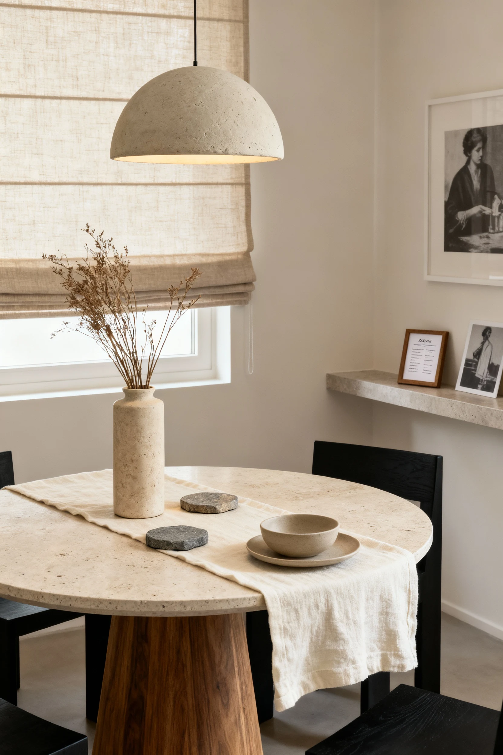 Overhead detail shot of an organic modern dining nook’s round pedestal table (ash or travertine-look) styled with a crea
