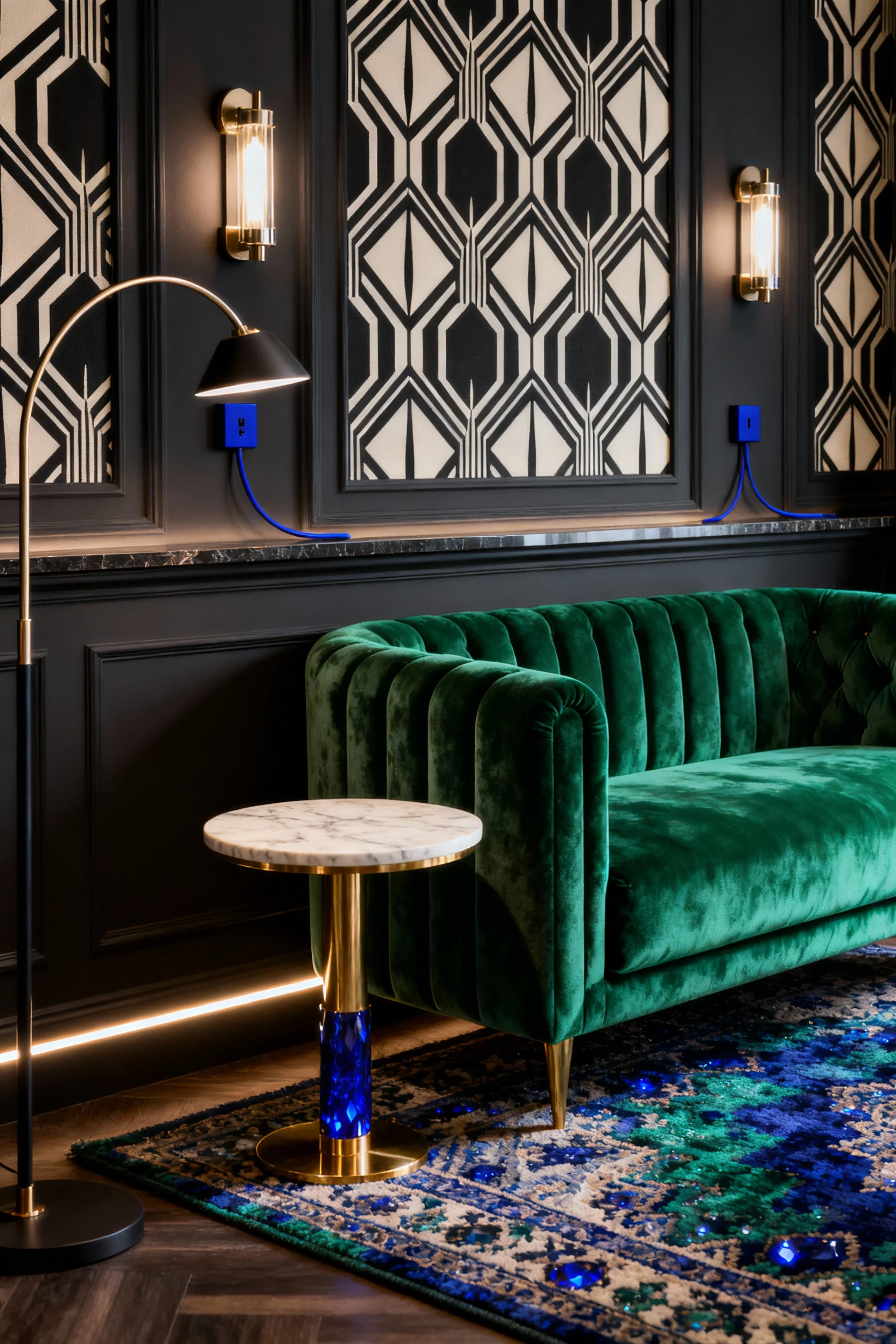 Photorealistic close-up 3/4 angle of a Deco jewel-box lounge vignette: emerald channel-tufted velvet loveseat beside a p