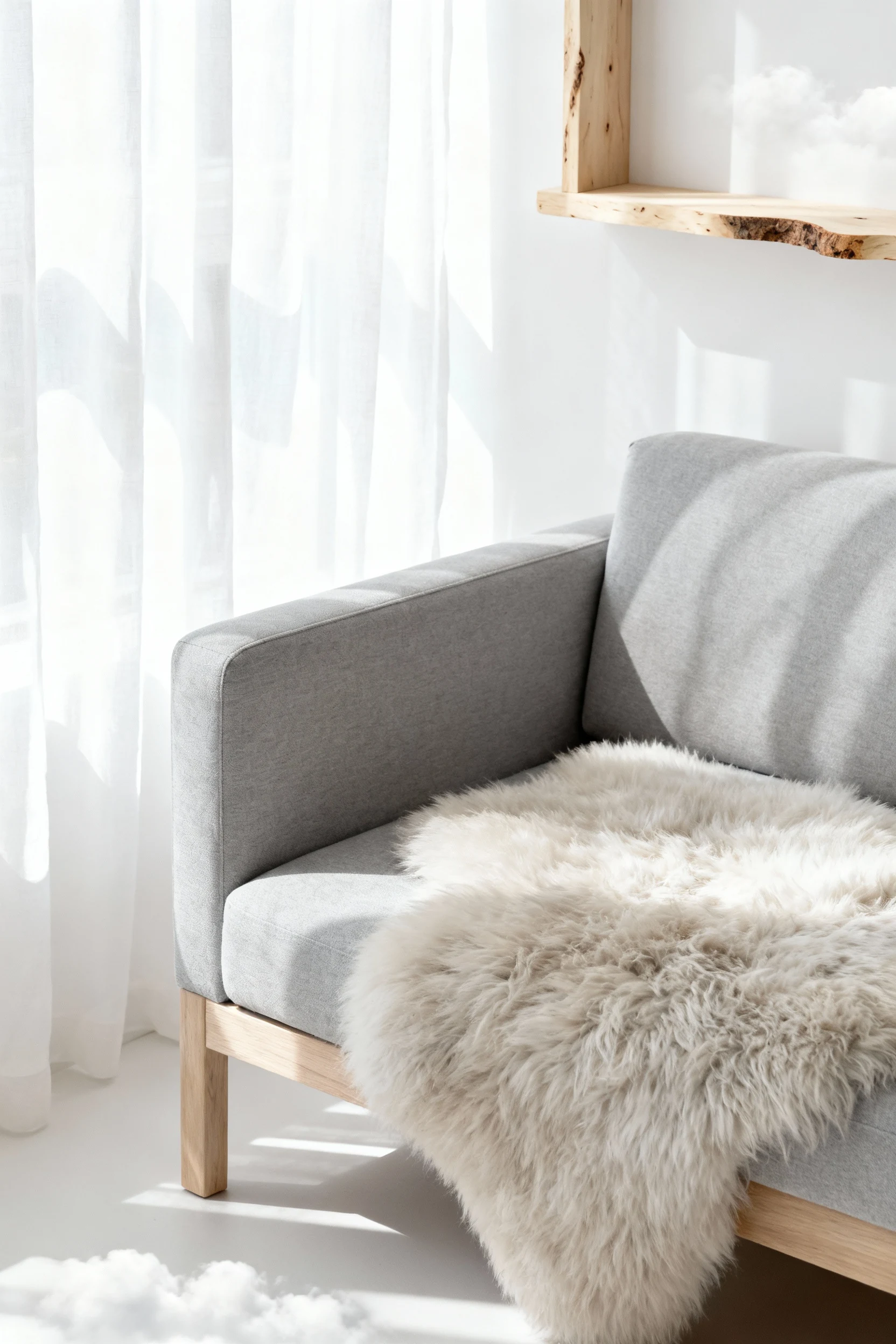 3. Closeup detail of Scandinavian cloud minimal textures: light gray loveseat with a plush sheepskin throw, pale wood an