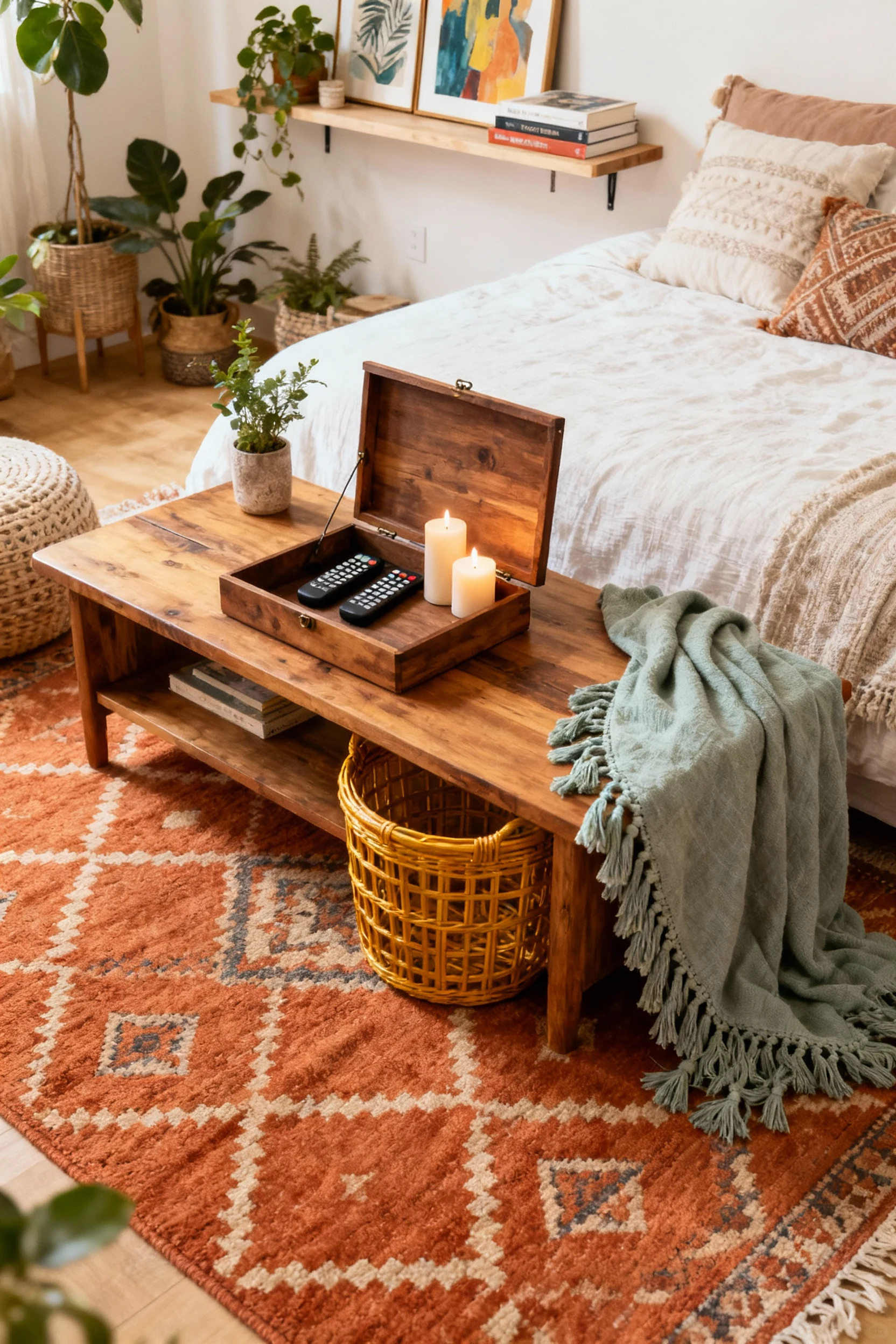 Overhead detail shot in a boho hideaway: a wooden coffee table with its lift-up lid open revealing remote controls and c