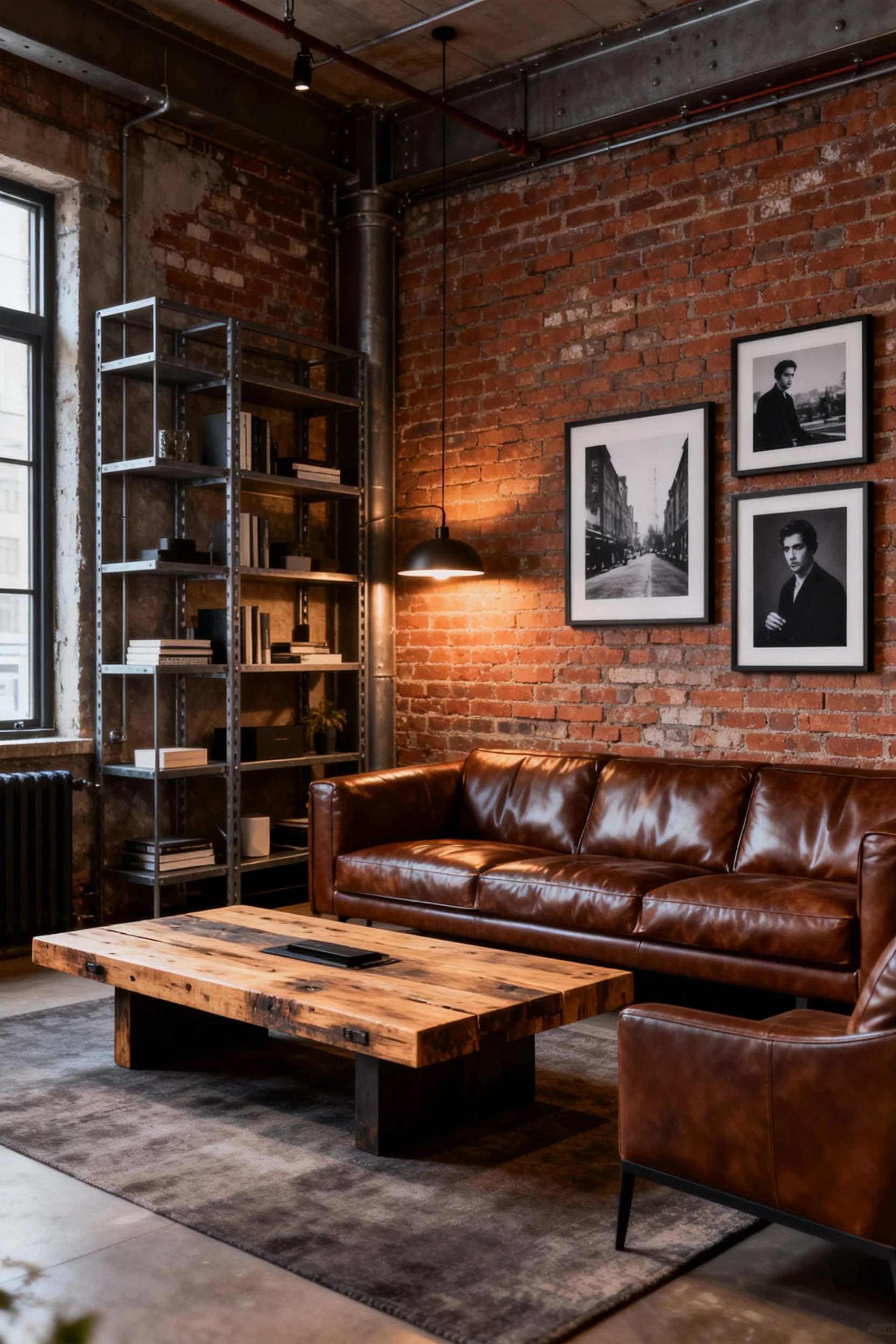 Corner perspective medium shot of an urban industrial loft-style living room with exposed brick wallpaper, metal shelvin